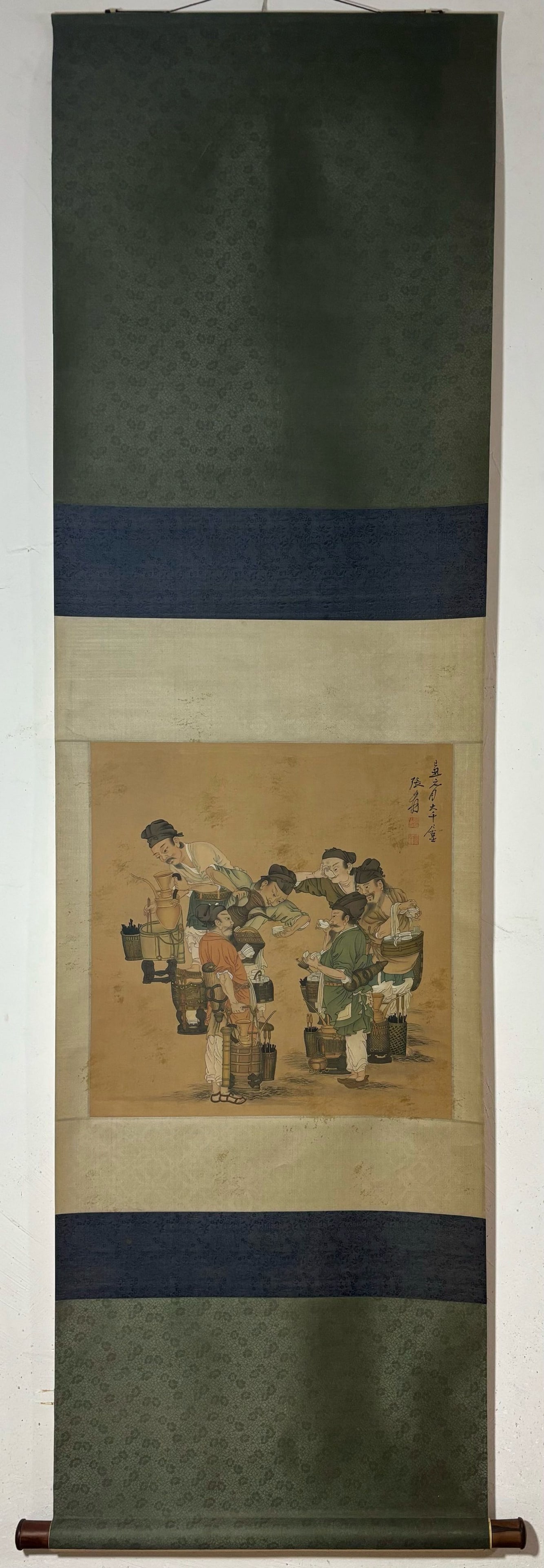 A ChineseInk?on?SilkHangingScroll,Tea?TastingScene: A ChineseInk‑on‑SilkHangingScroll,Tea‑TastingScene,Zhang Daqian,Without frame Size:20.1inx19.5in,一副中国水墨斗茶图绢Ĉ