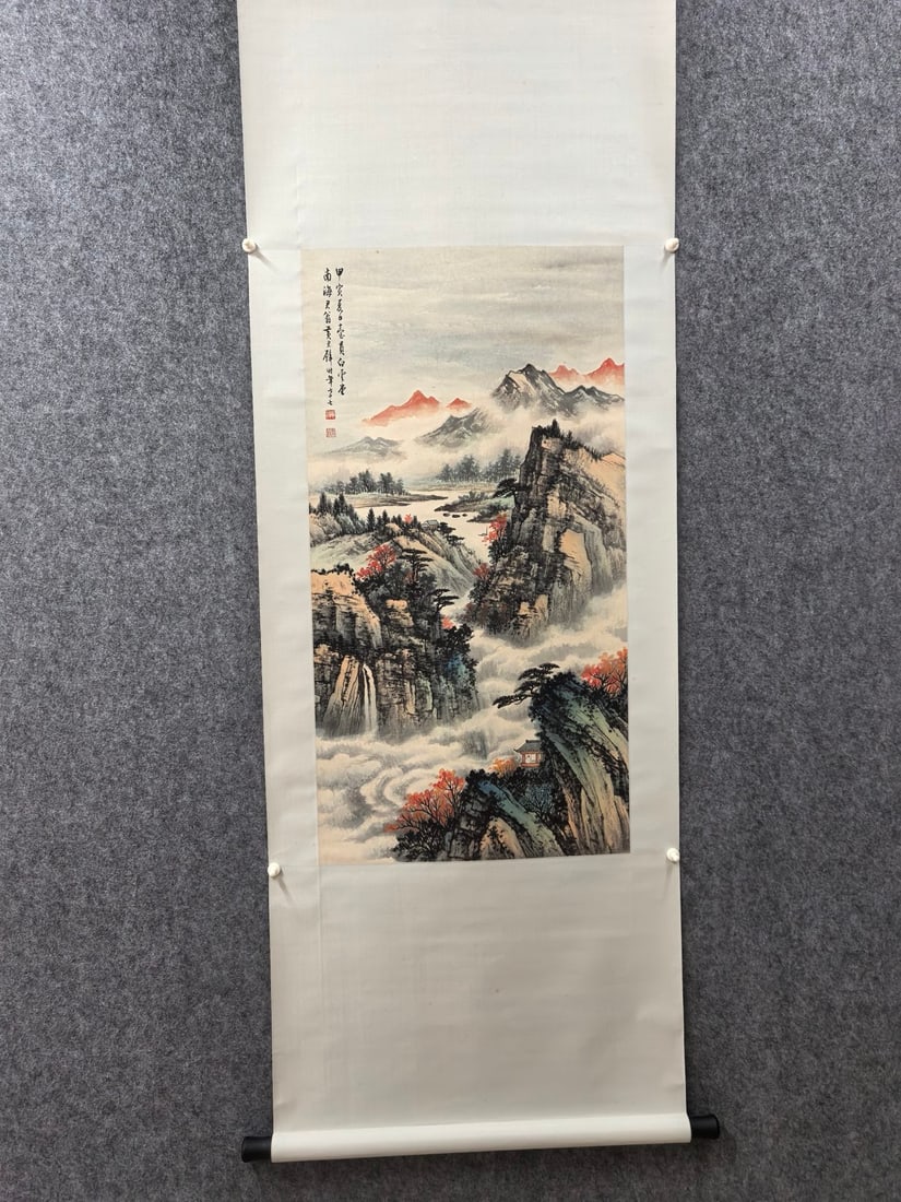 A Chinese Vertical Scroll Ink Painting of Landscape on Paper,Huang Junbi: A Chinese Vertical Scroll Ink Painting of Landscape on Paper,Huang Junbi,Size:48㎝x92㎝一幅中国水墨山水画立轴,黄