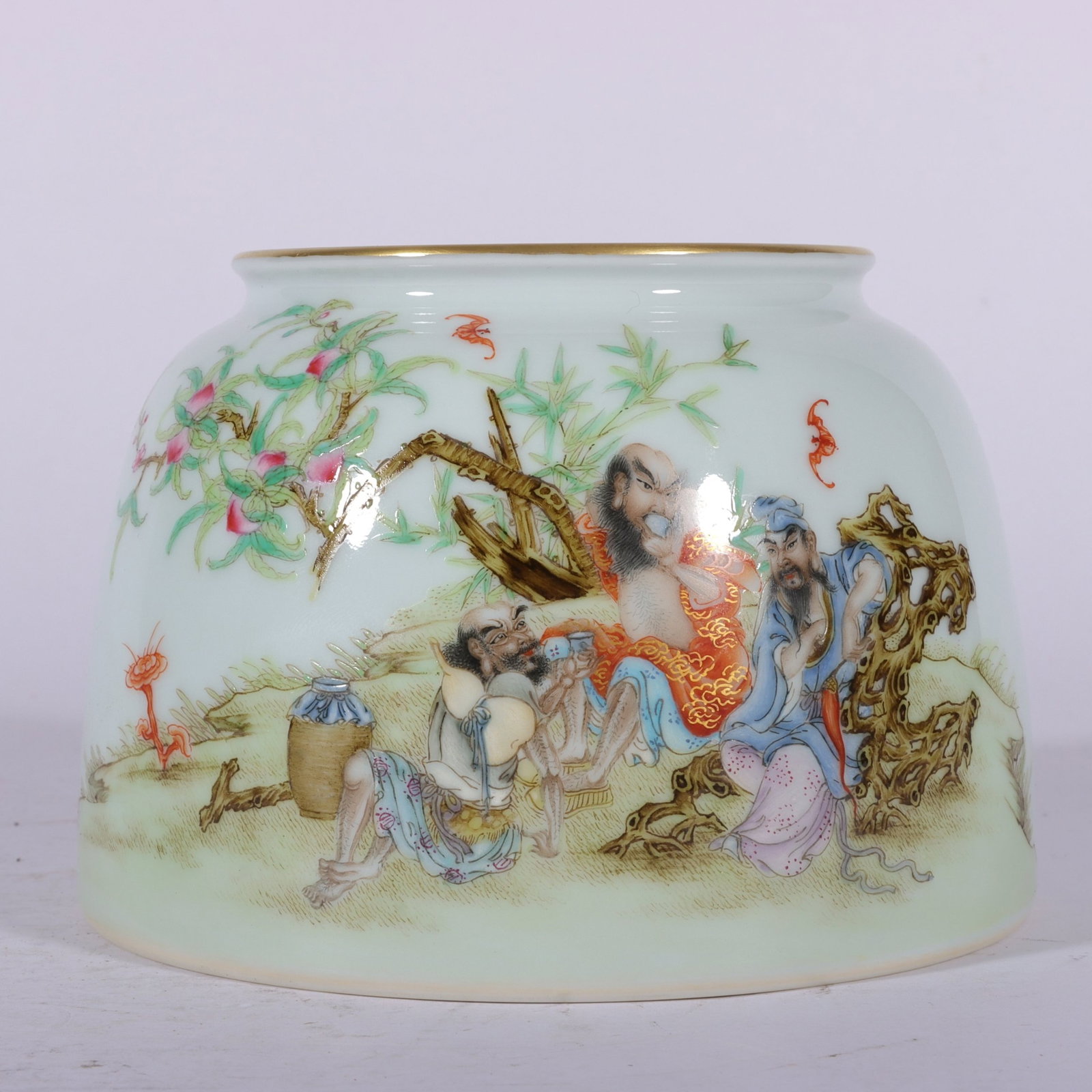A Fine Enamel Color Continuous Three Immortals Water Washer: A Fine Enamel Color Continuous Three Immortals Water Washer,Qing Dynasty,China,Qianlong Four-character Mark,Size:3.5inx5.1in,珐琅彩通景三仙图水