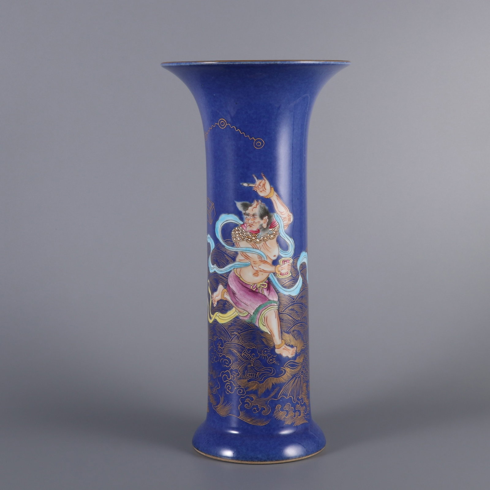 An Exquisite snowflake blue glaze gilded famille rose kuixing diandou beaker vase,: An Exquisite snowflake blue glaze gilded famille rose kuixing diandou beaker vase,Qing Dynasty, China,Yongzheng Six-character Mark,Size:12.2inx3in,雪花蓝釉描金ľ