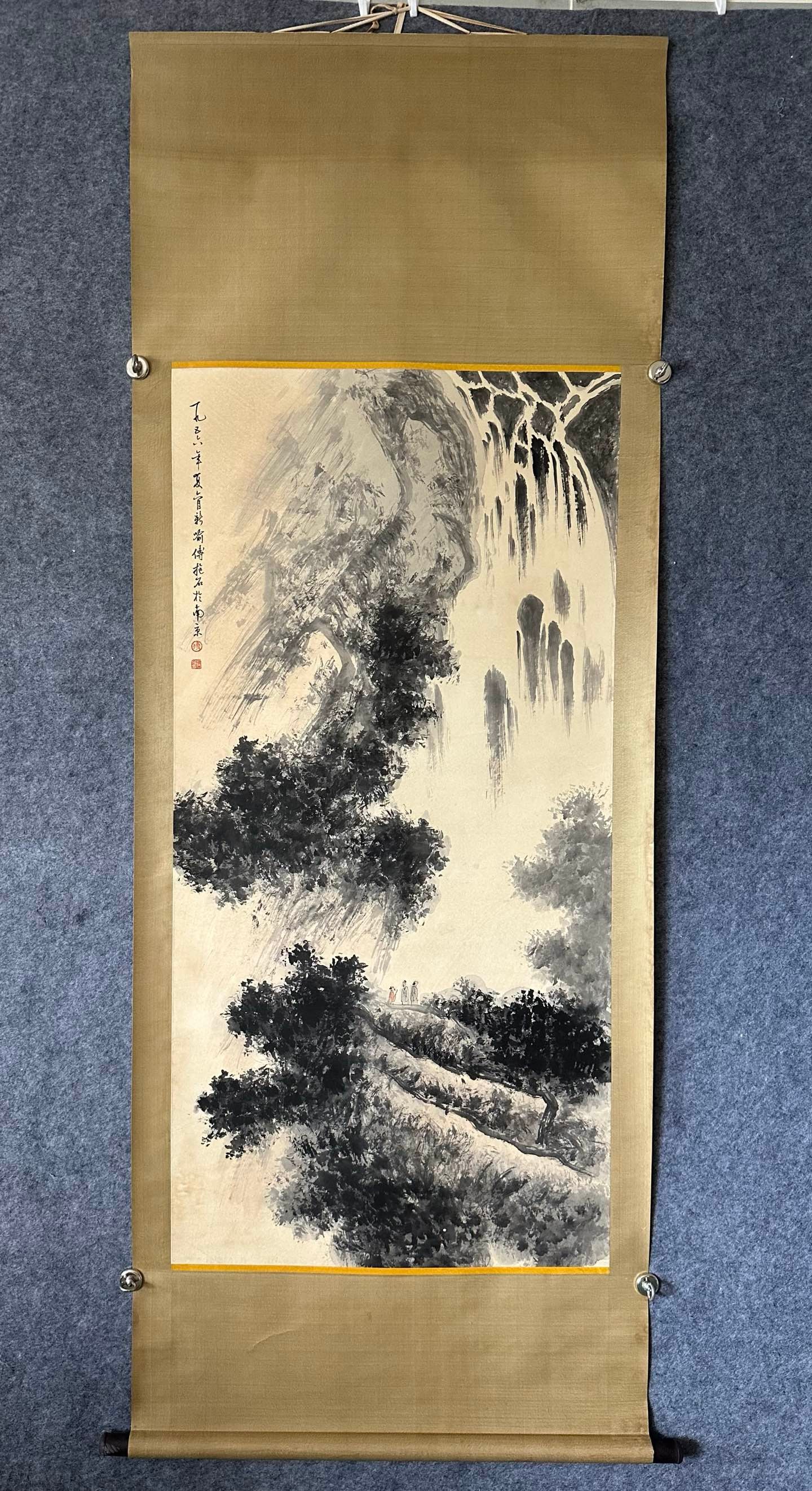 A Chinese Ink-on-Paper Hanging Scroll, Scholar Viewing Waterfall (1 of 8)