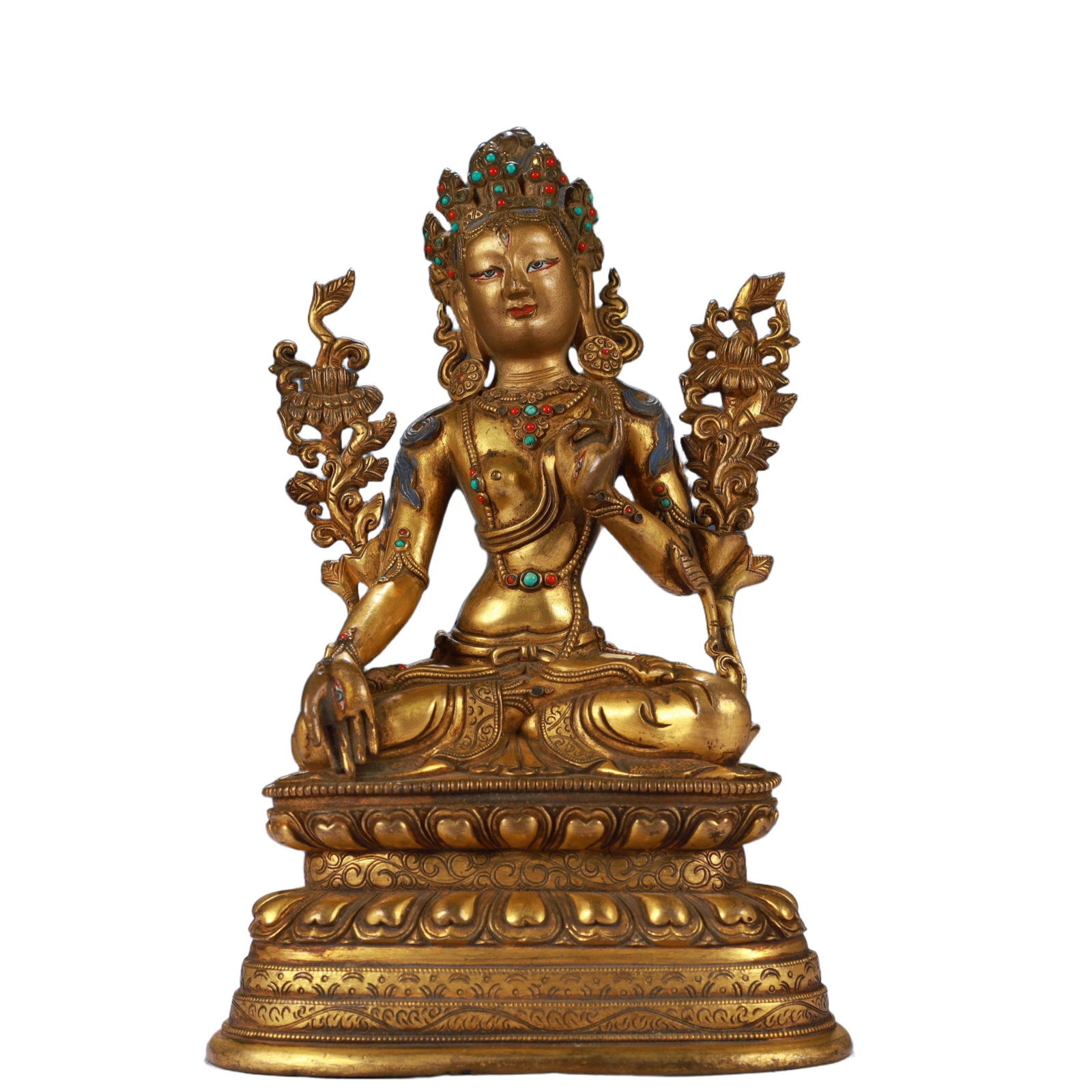 A Solemn Gilt Bronze Statue of Tara,Inlaid Gems and Turquoise: A Solemn Gilt Bronze Statue of Tara,Inlaid Gems and Turquoise,Qing Dynasty, China,Size:4.9inx3.3inx7.5in,Weight:1600g 铜鎏金度母像,嵌宝石和&