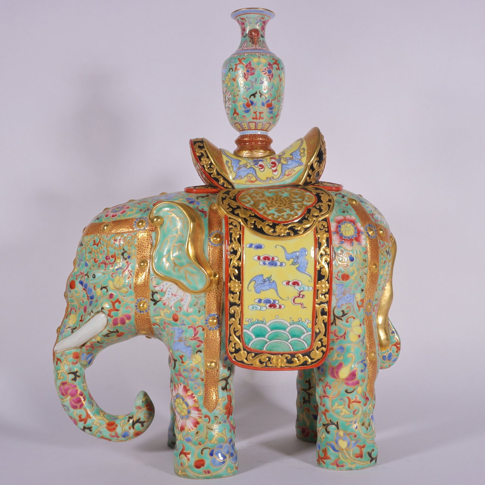 A Fine Enamel Color Green Ground Gilt Statue:Peace with Elephants (1 of 8)