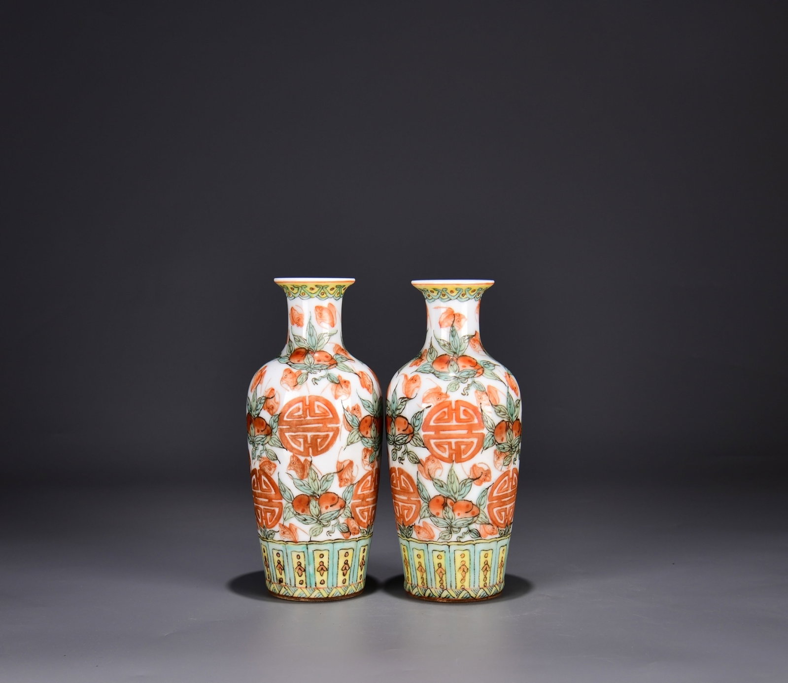 A Pair Of Exquisite Famille Rose Long Neck Vases With Fortune And Longevity Patterns: A Pair Of Exquisite Famille Rose Long Neck Vases With Fortune And Longevity Patterns,Qing Dynasty China,Six-Character Qianlong Mark,Dimensions:9.1inx4.3in,一对粉彩福ë