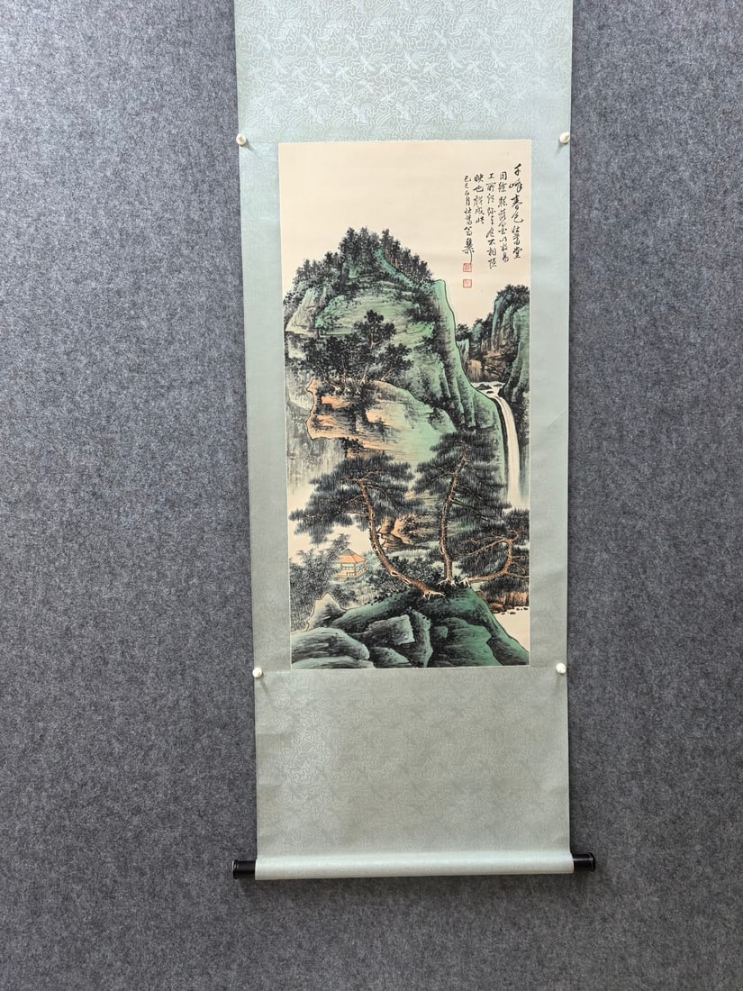 A Chinese Vertical Scroll Ink Painting of Landscape on Paper,Xie Zhiliu: A Chinese Vertical Scroll Ink Painting of Landscape on Paper,Xie Zhiliu,Size:19.3inx40.9in 一幅中国水墨山水画立轴,谢稚