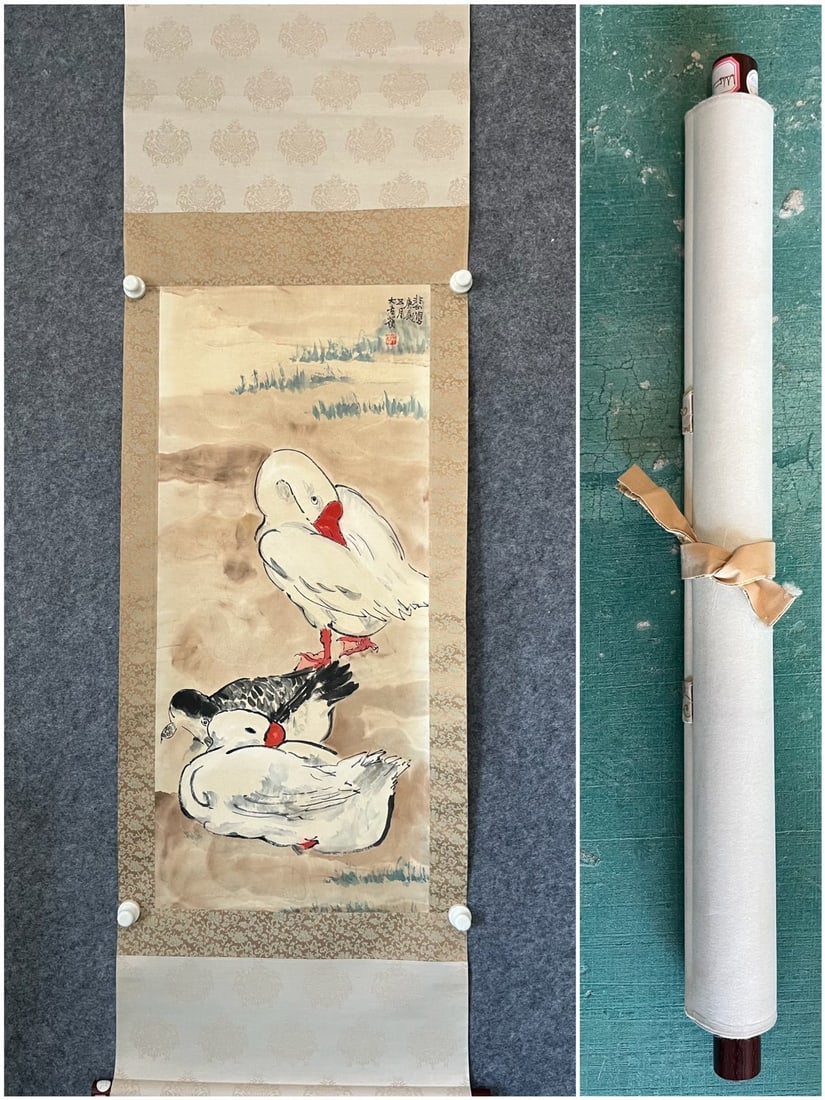 A Chinese Ink-on-Paper Hanging Scroll, Geese at Play (1 of 6)