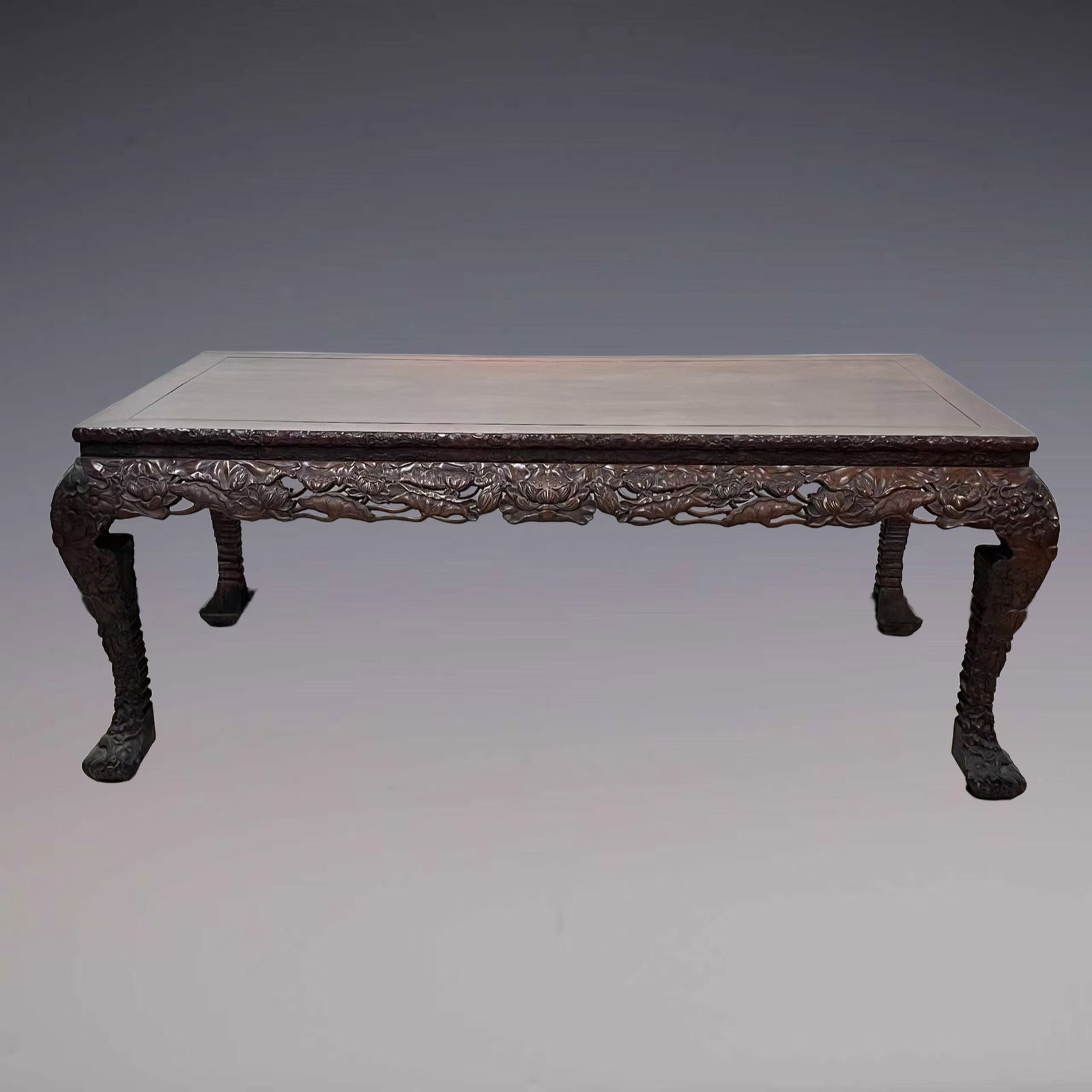An Exquisite Red Wood Painting Table With Triple Curved Legs Carved With Lotus Pond Scenery Patterns (1 of 13)