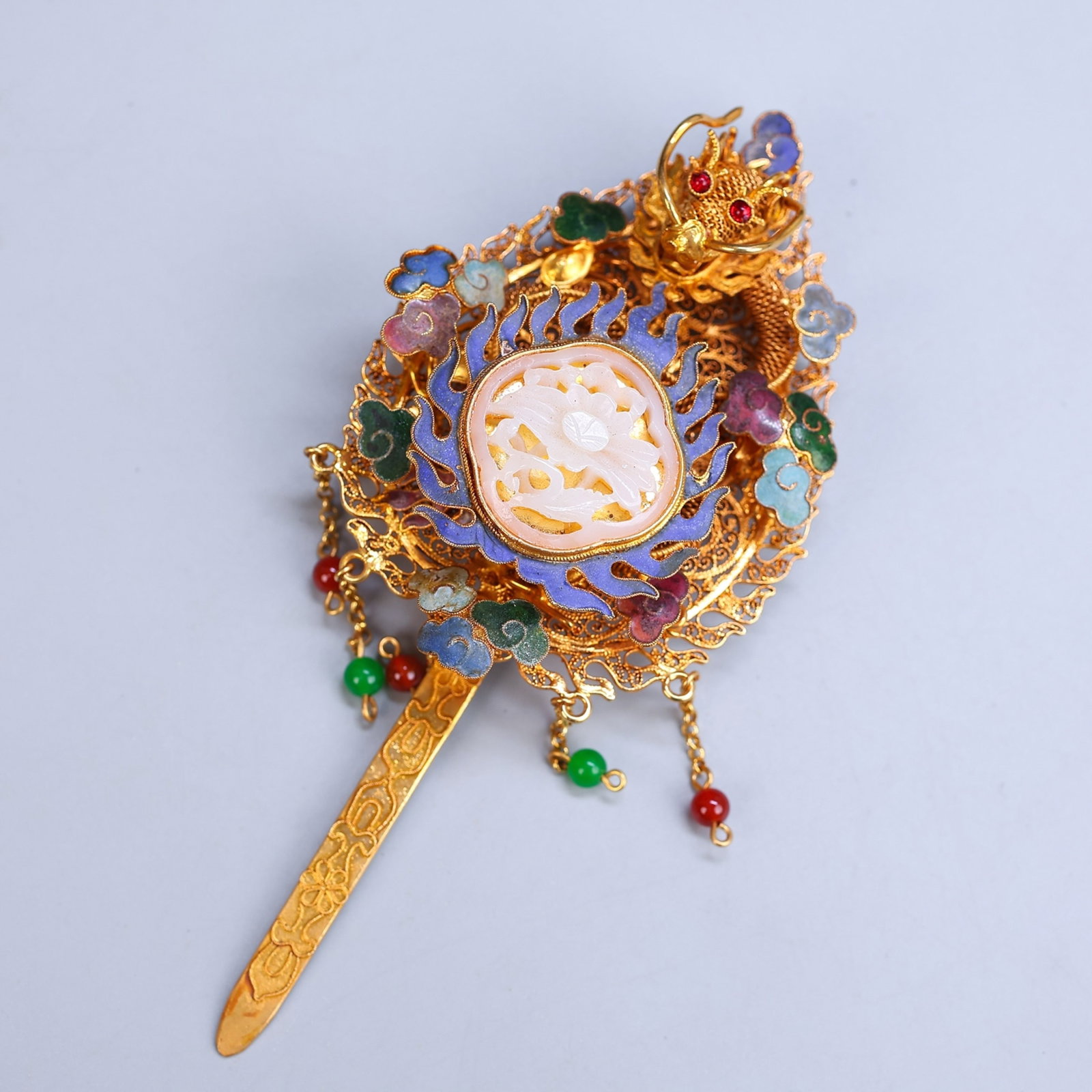 An Exquisite Gilt Bronze Filigree Enamel Hairpin With Moving Ornaments,Inlaid With White Jade And (1 of 7)