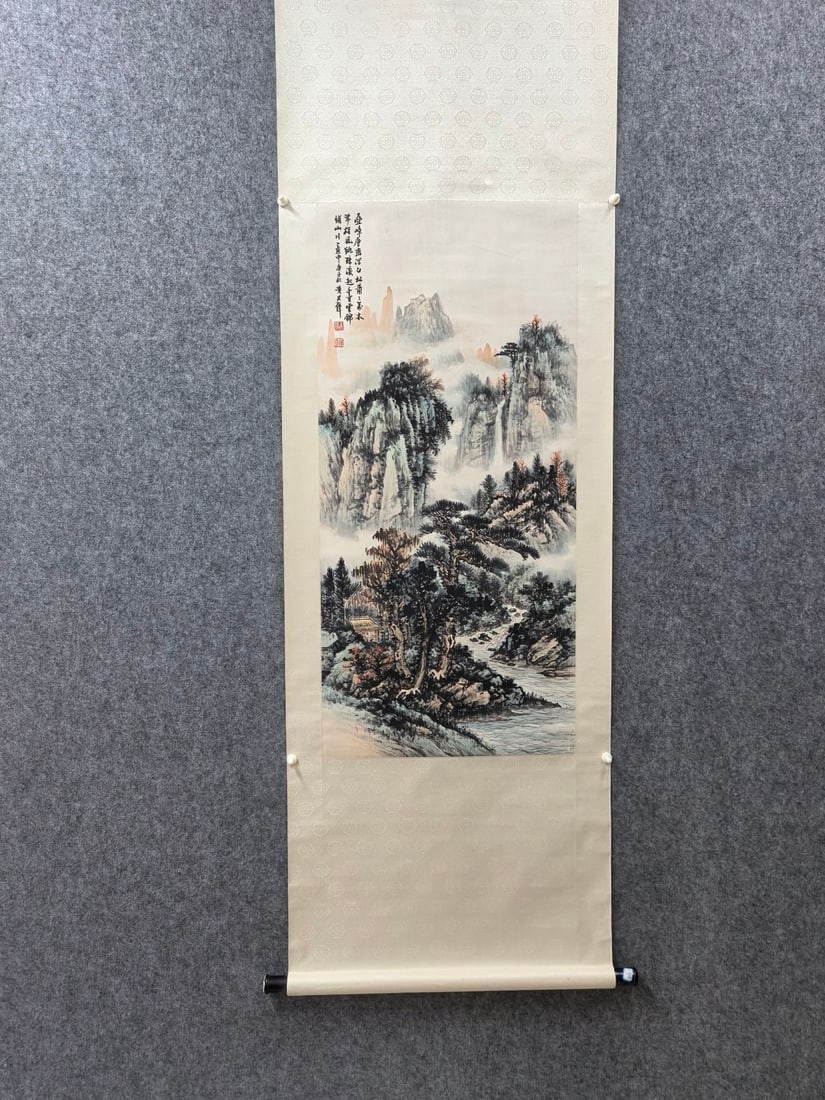 A Chinese Vertical Scroll Ink Painting of Landscape on Paper,Huang Junbi: A Chinese Vertical Scroll Ink Painting of Landscape on Paper,Huang Junbi,Size:19.3inx40.9in 一幅中国水墨山水画立轴,黄君