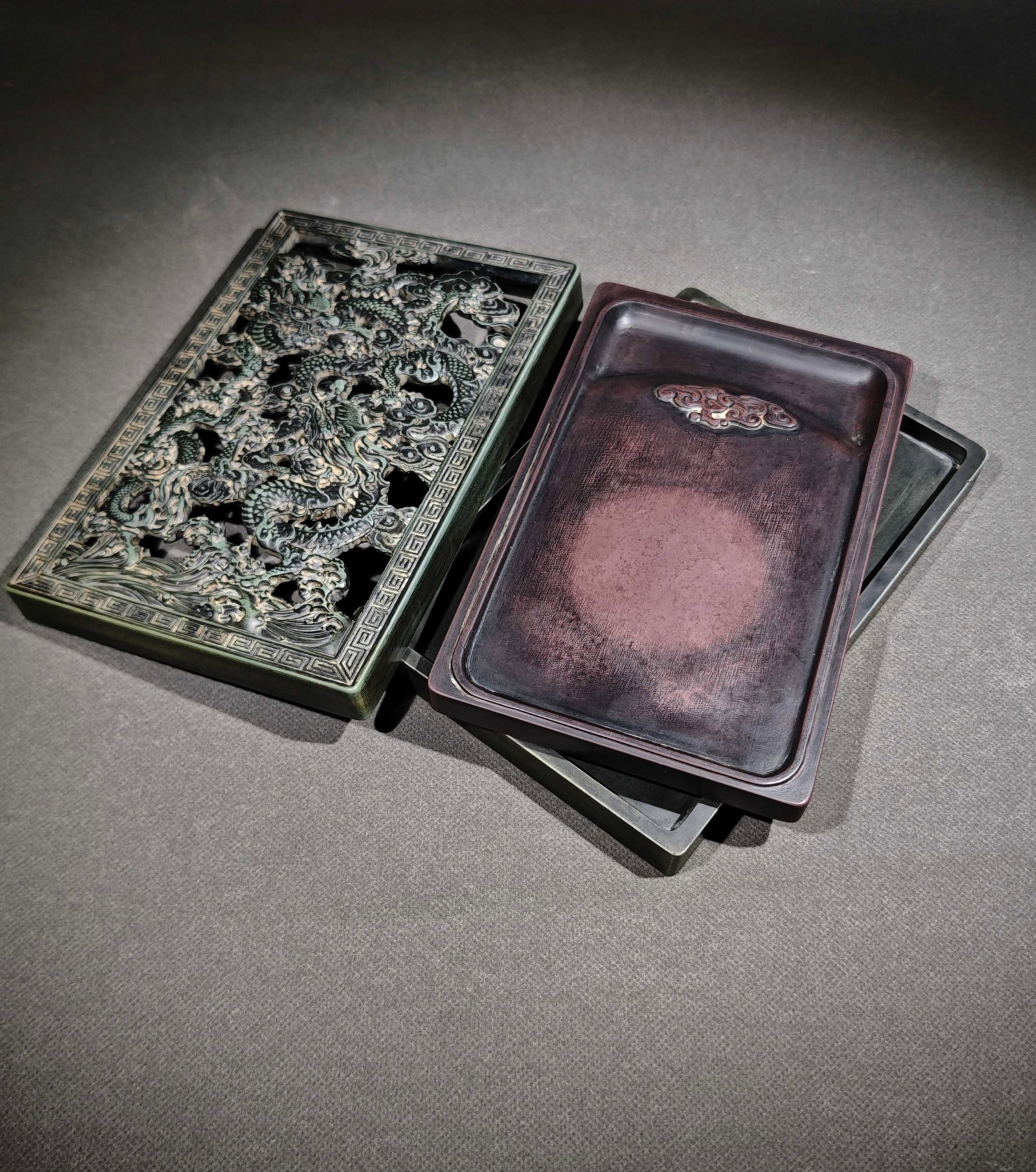 A Fine Openwork Songhua Stone Suite Inkstone With Dragon Pattern (1 of 9)