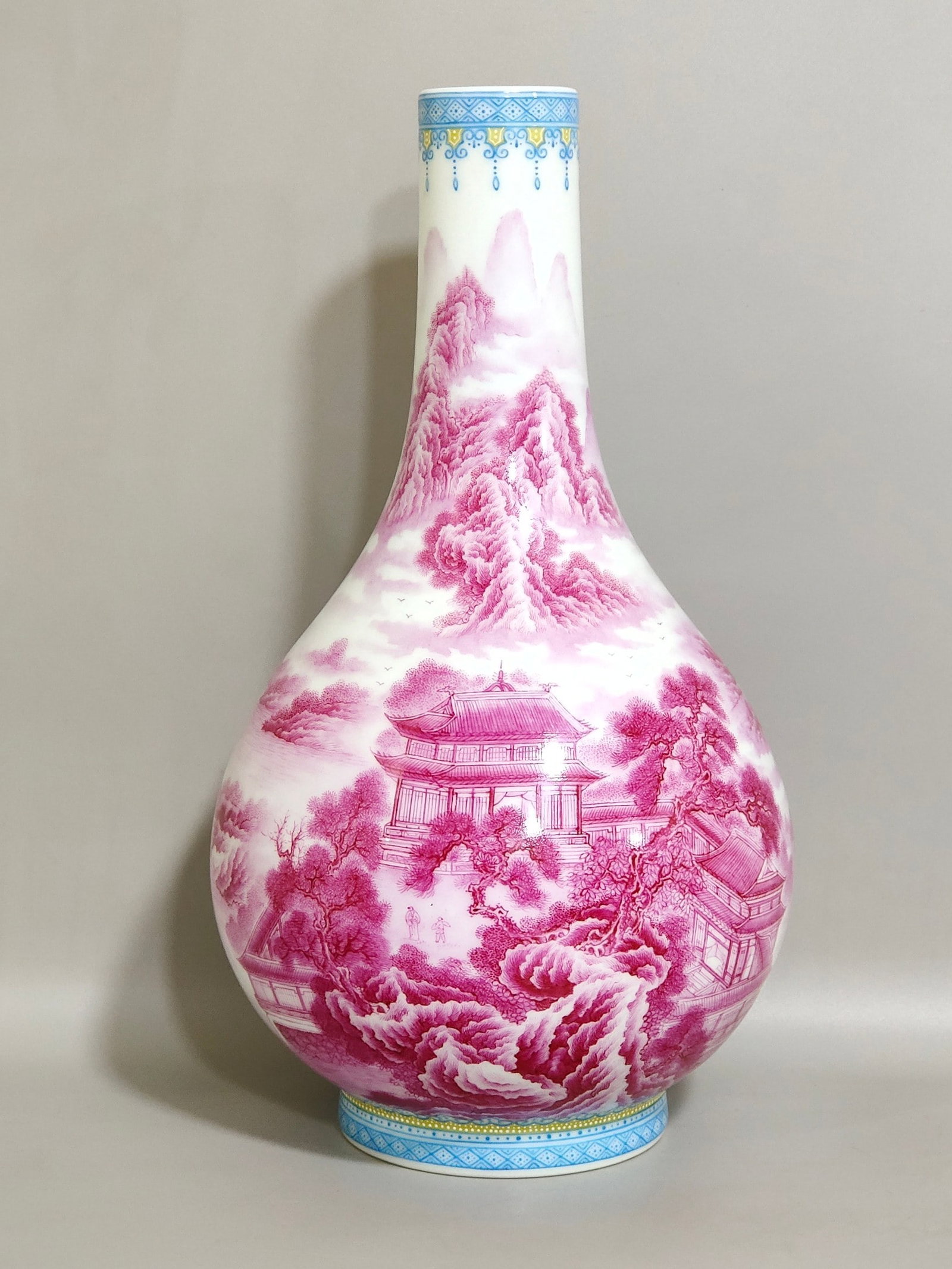 An Exquisite Gallbladder Vase With Emerald Rim,Carmine Red Painting,Landscape Pavilions And (1 of 7)