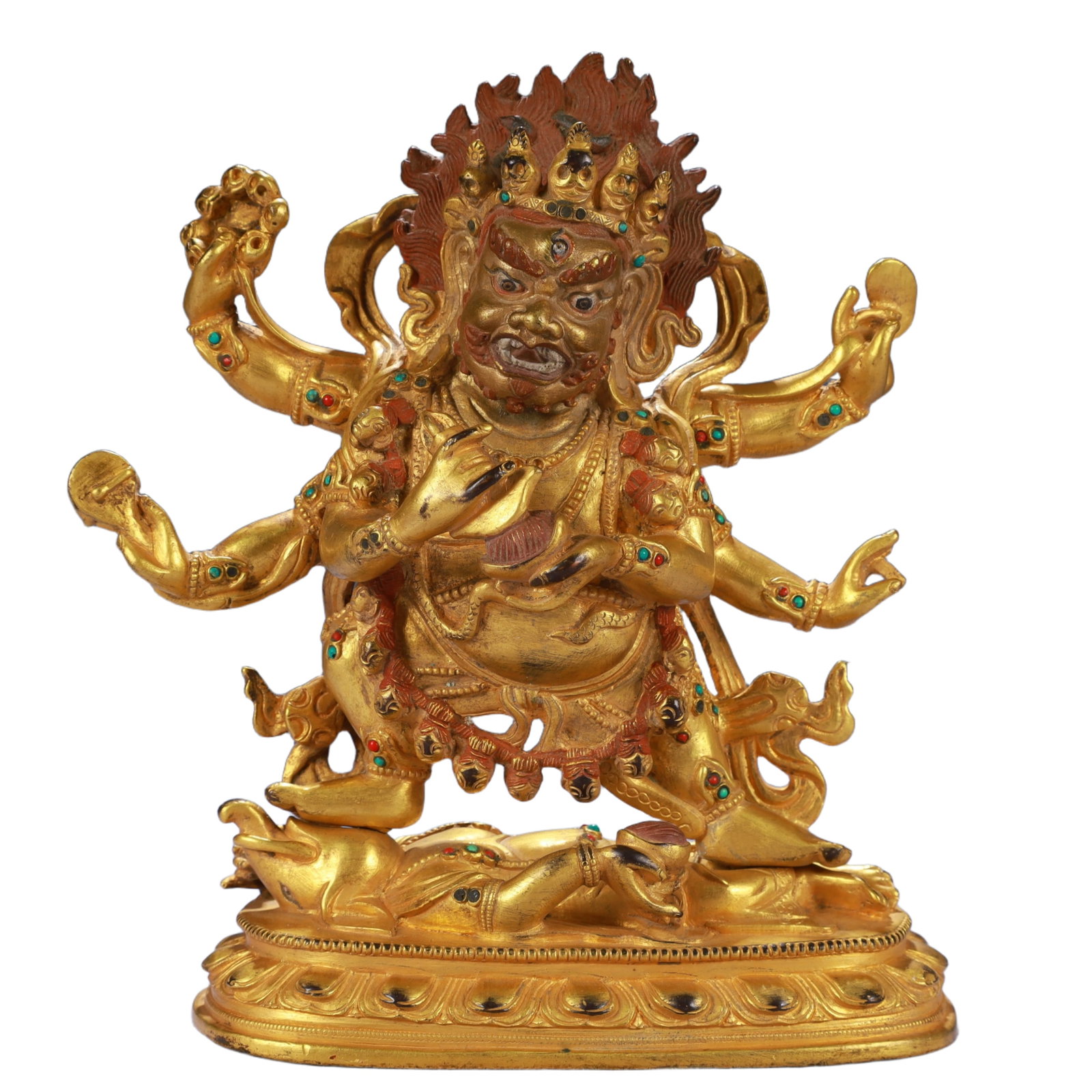 A Solemn Gilt Bronze Statue of Mammon,Inlaid Gems and Turquoise: A Solemn Gilt Bronze Statue of Mammon,Inlaid Gems and Turquoise,Qing Dynasty, China,Size:5.9inx2.4inx6.7in,Weight:1750g 铜鎏金财神像,嵌宝石和