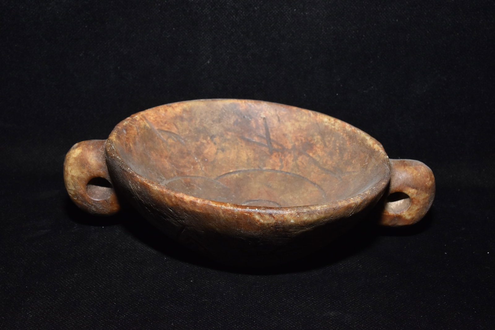 A Fine White Jade Double?Eared Carved Bowl: A Fine White Jade Double‑Eared Carved Bowl,Hongshan Culture,Dimensions:7.1inx 2in,Weight:740g,白玉双耳刻纹碗,红山文化