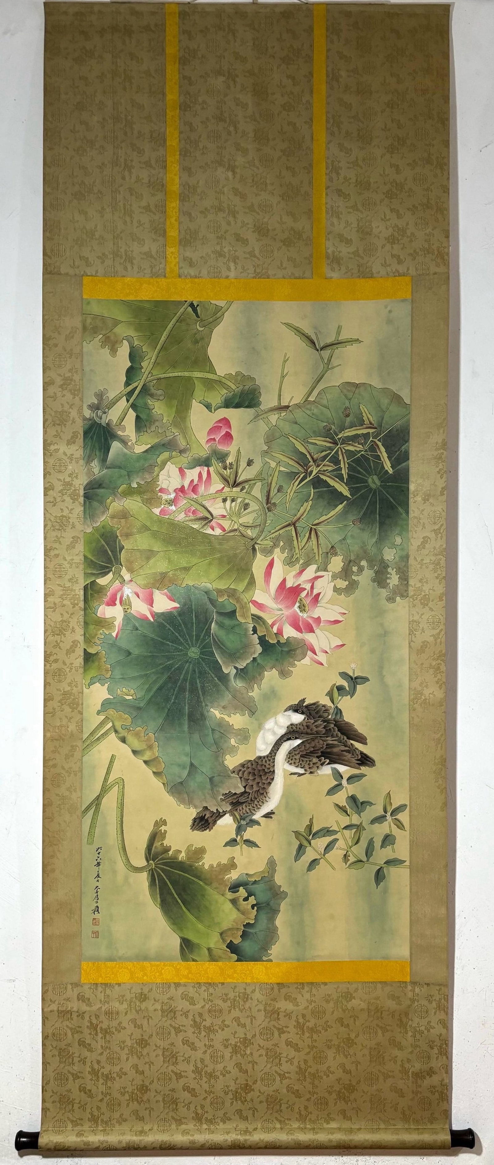 A ChineseInk?on?PaperHangingScroll,LotusAndBirds: A ChineseInk‑on‑PaperHangingScroll,LotusAndBirds,Zhang Daqian,Without frame Size:52inx25.8in,一副中国水墨荷花花鸟图纸