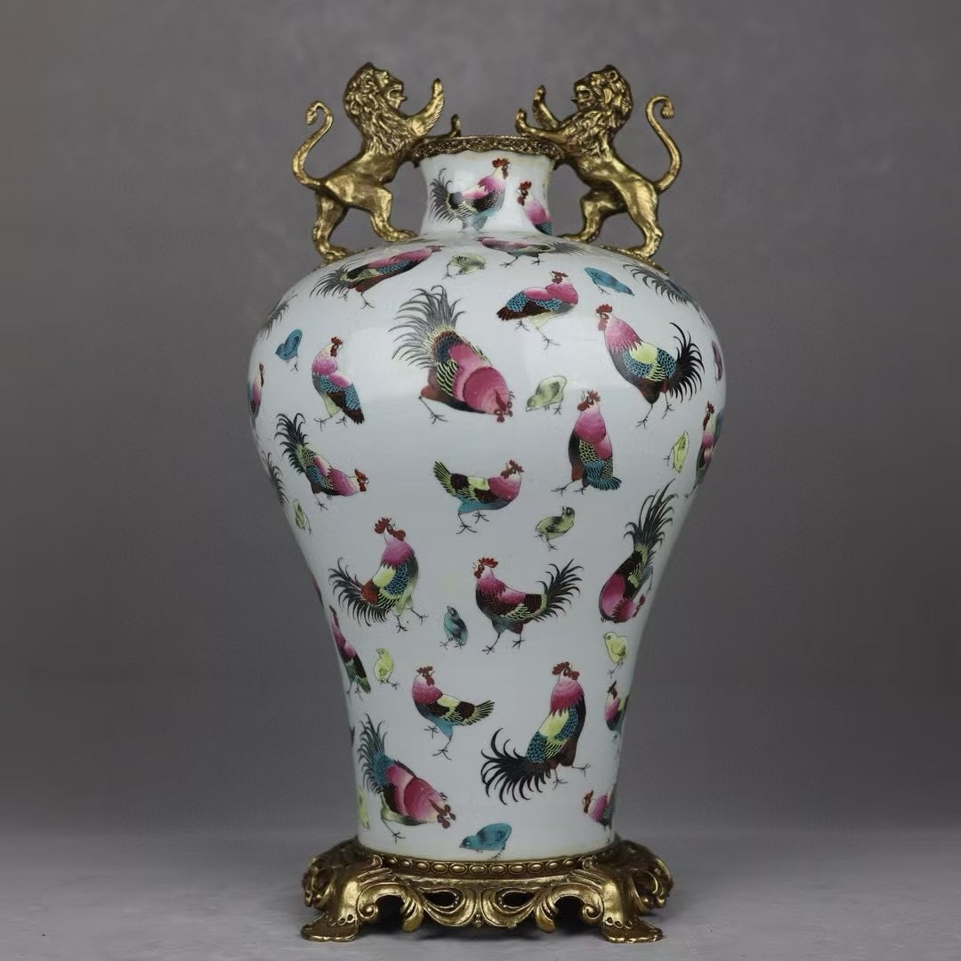 An Exquisite Famille Rose Plum Vase With Double Copper Lion Ears,Chicken Pattern: An Exquisite Famille Rose Plum Vase With Double Copper Lion Ears,Chicken Pattern,China Qing Dynasty,Four-Character Qianlong Mark,Dimensions:18.9inx9.4in,粉彩鸡纹镶铜