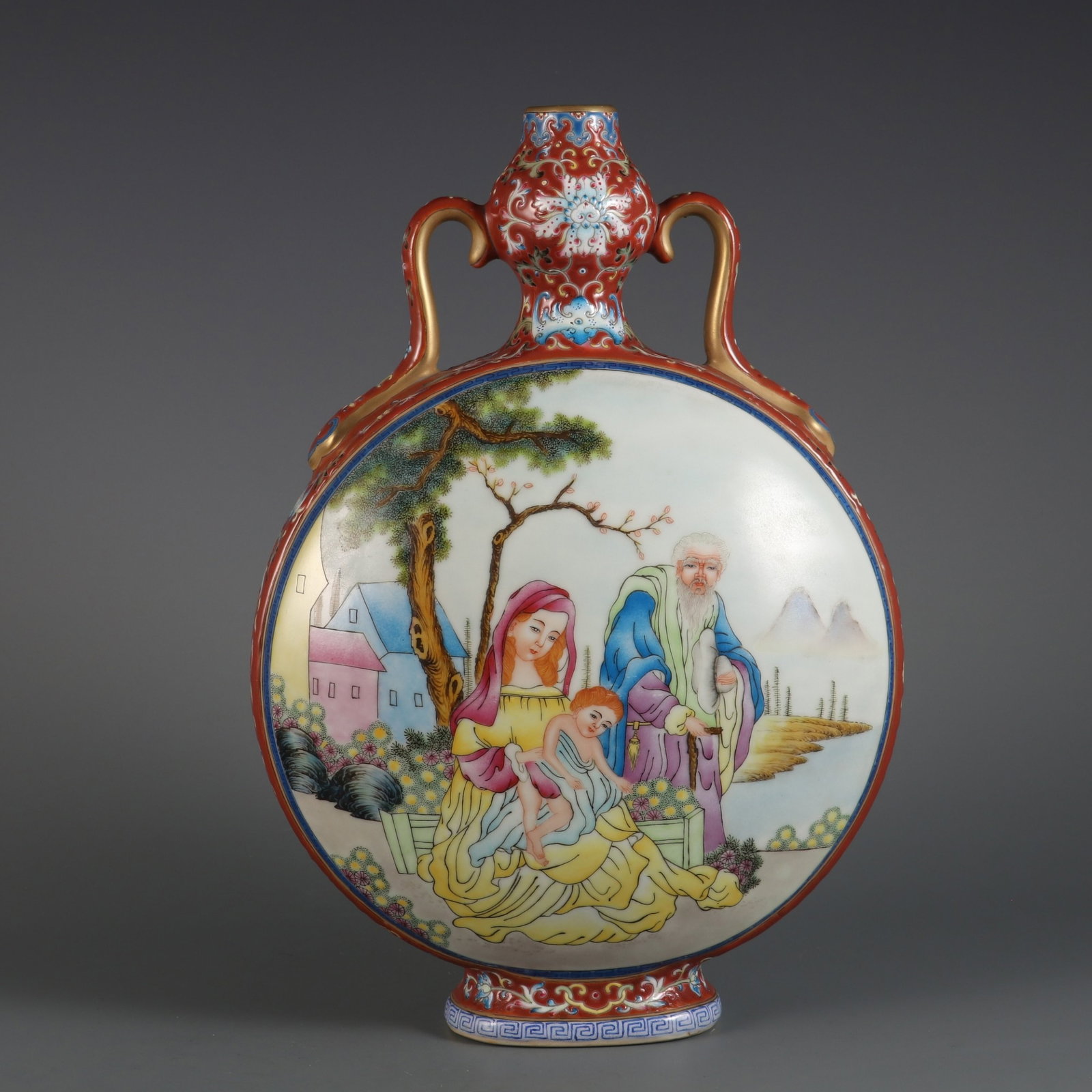 An Exquisite rouge red ground medallion falangcai western figure flat vase,: An Exquisite rouge red ground medallion falangcai western figure flat vase,Qing Dynasty, China,Qianlong Six-character Mark,Size:13.2inx8.9in,胭脂红地开窗珐