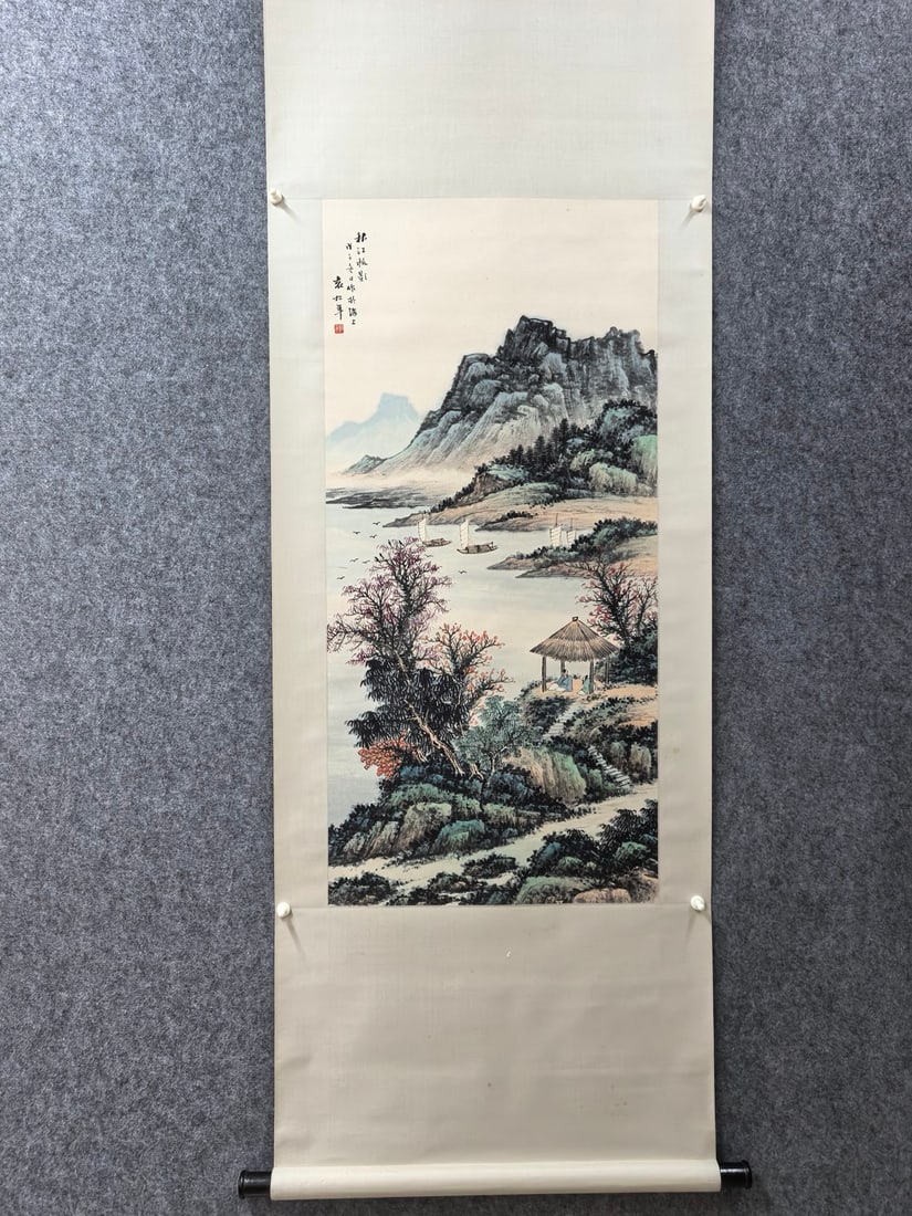 A Chinese Vertical Scroll Ink Painting of Landscape and Figure on Paper,Yuan SongNian: A Chinese Vertical Scroll Ink Painting of Landscape and Figure on Paper,Yuan SongNian,Size:18.9inx39.4in 一幅中国水墨山水人物画立