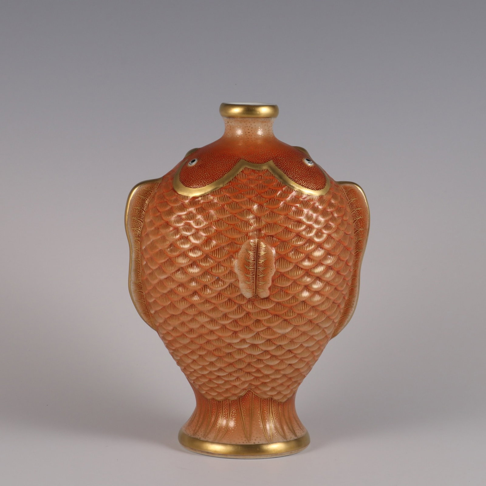 An Exquisite coral red ground gilded carp ornament,: An Exquisite coral red ground gilded carp ornament,Qing Dynasty, China,Qianlong Six-character Mark,Size:9inx6.1in,珊瑚红底描金鲤鱼摆件ߑ
