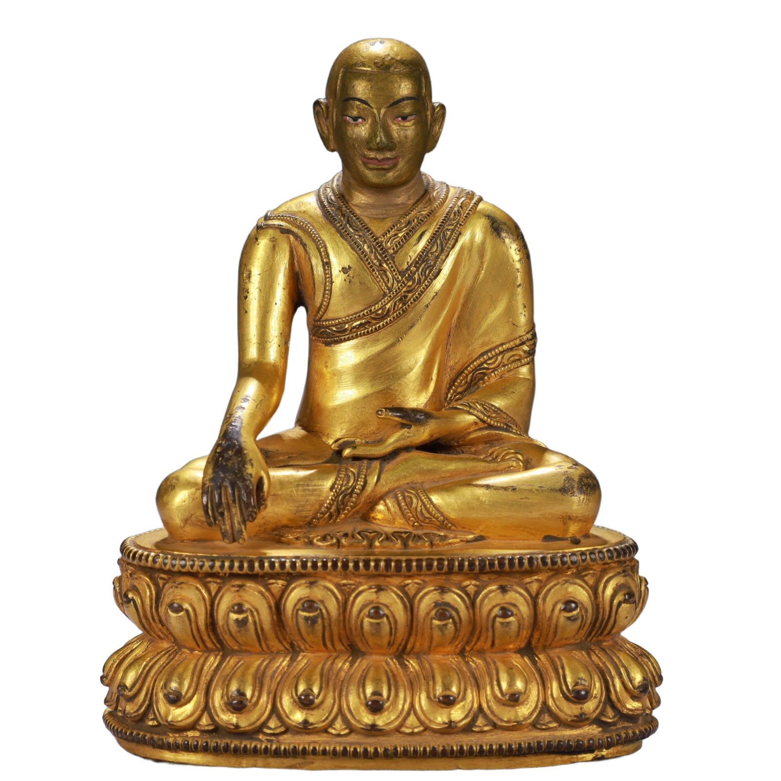 A Solemn Gilt Bronze Statue of Guru: A Solemn Gilt Bronze Statue of Guru,Qing Dynasty, China,Size:3.9inx2.8inx5.1in,Weight:750g 铜鎏金上师像,中国清代
