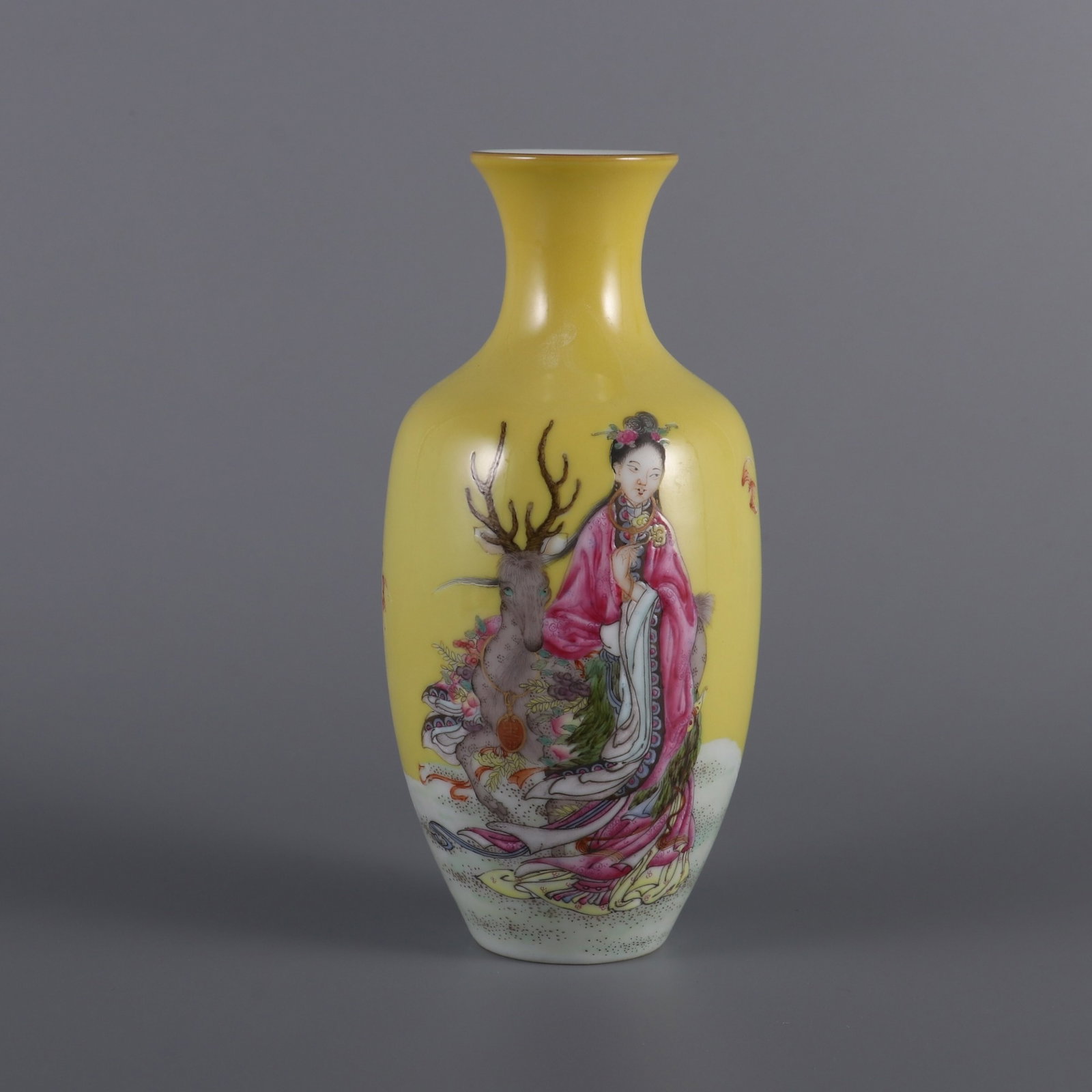 An Exquisite yellow ground falangcai magu presenting longevity guanyin vase,: An Exquisite yellow ground falangcai magu presenting longevity guanyin vase,Qing Dynasty, China,Yongzheng Four-character Mark,Size:6inx2.6in,黄地珐琅彩麻姑