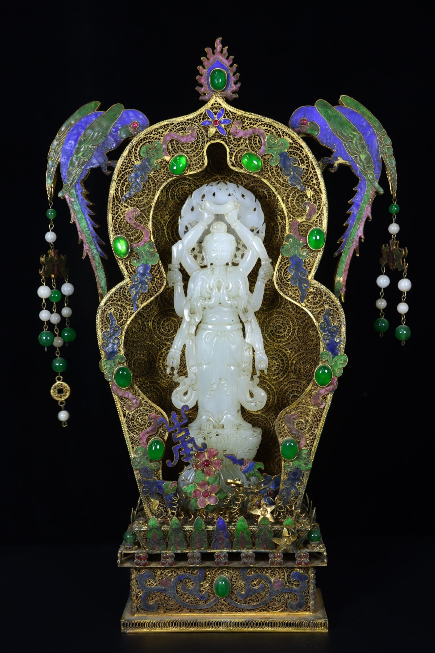 A Fine Gilt Copper Filigree Gem Inlaid Buddha Niche With White Jade Eight-Armed Guanyin: A Fine Gilt Copper Filigree Gem Inlaid Buddha Niche With White Jade Eight-Armed Guanyin,Qing Dynasty,China,Dimensions:10.6inx3.1inx17.7in,Weight:2246g,铜鎏金累丝嵌&