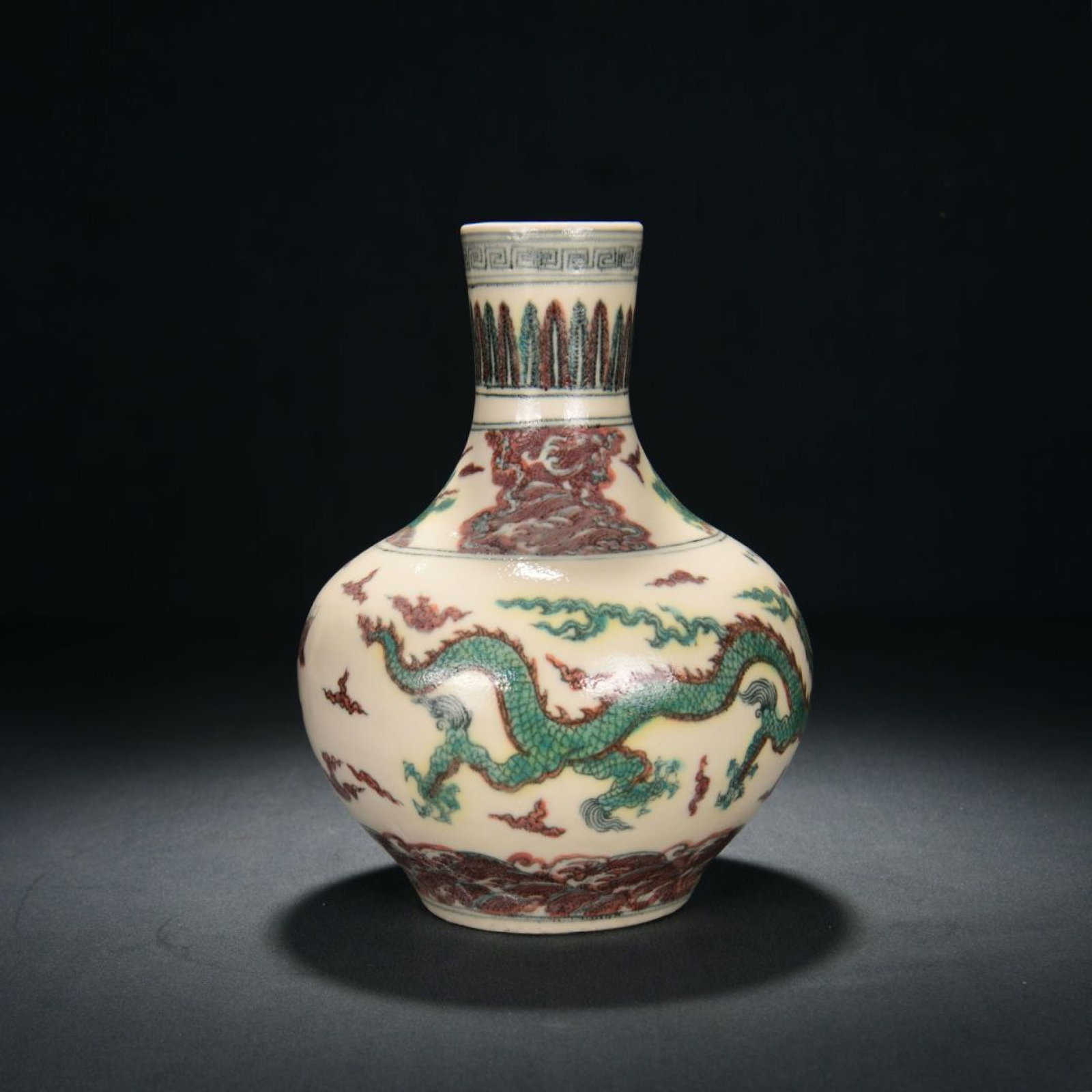 An Exquisite Wucai Celestial Sphere Vase With Dragon Patterns: An Exquisite Wucai Celestial Sphere Vase With Dragon Patterns,Ming Dynasty China,Six-Character Jingtai Mark,Dimensions:12inx8.7in,五彩龙纹天球瓶,中Þ