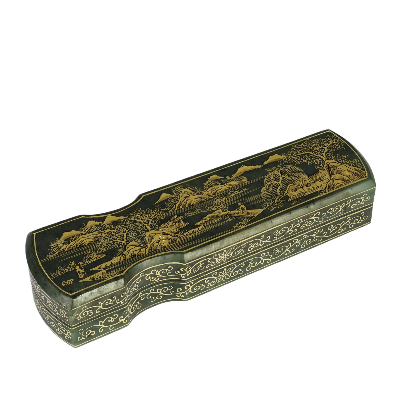 An Exquisite Jasper Covered Box With Gilded Landscape And Figure Patterns: An Exquisite Jasper Covered Box With Gilded Landscape And Figure Patterns,China,Qing Dynasty,Four-Character Qianlong Mark,Dimensions:7.5inx2.2inx1.4in,Weight:629g,碧玉描金ì