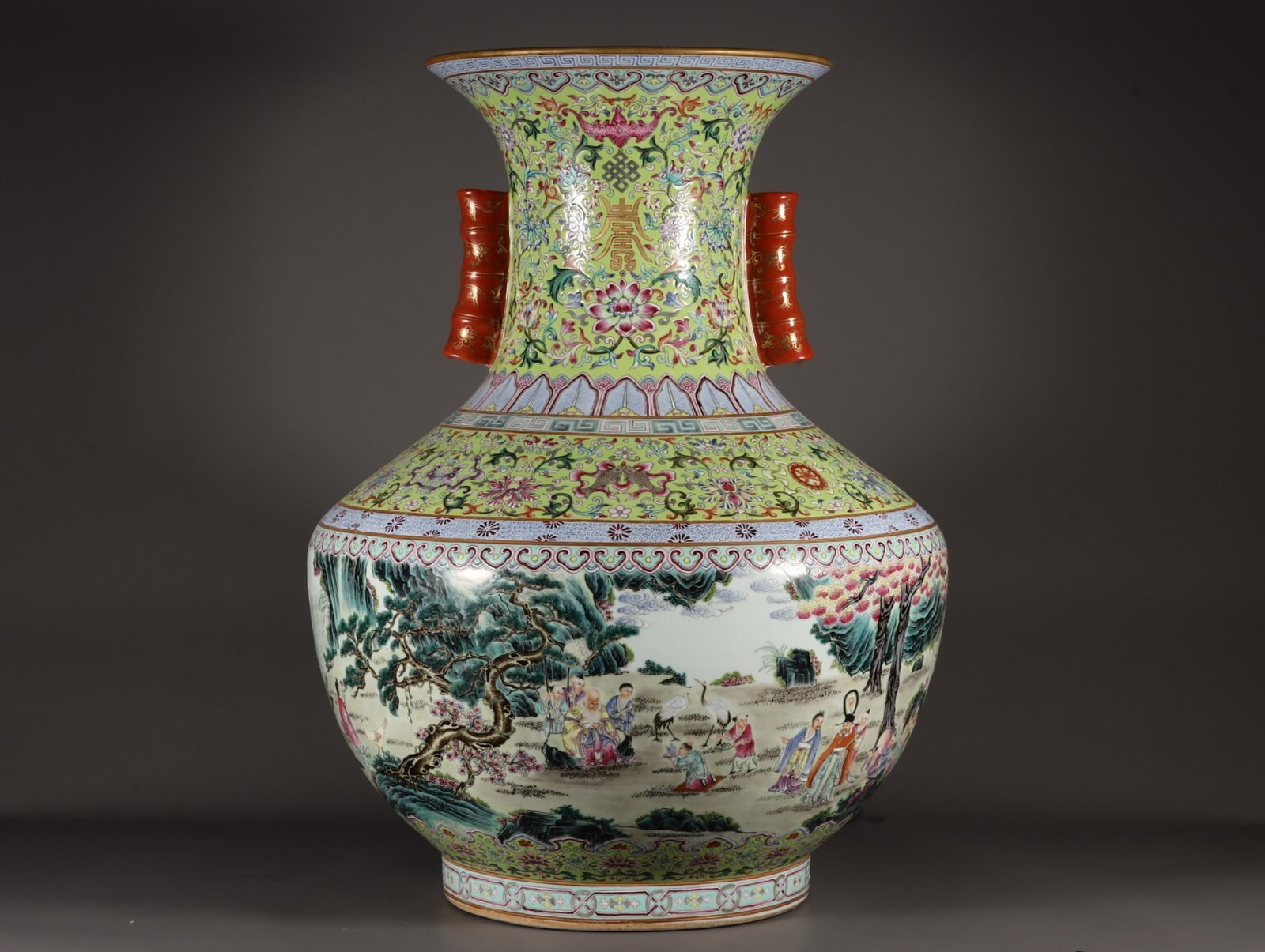A Fine Double-eared Famille Rose Vase On Turquoise Green Ground With Eight Treasures & Birthday: A Fine Double-eared Famille Rose Vase On Turquoise Green Ground With Eight Treasures & Birthday Figures,Qing Dynasty,China,Qianlong Six-character Mark,Size:21.3inx16.5in,绿地粉ঊ