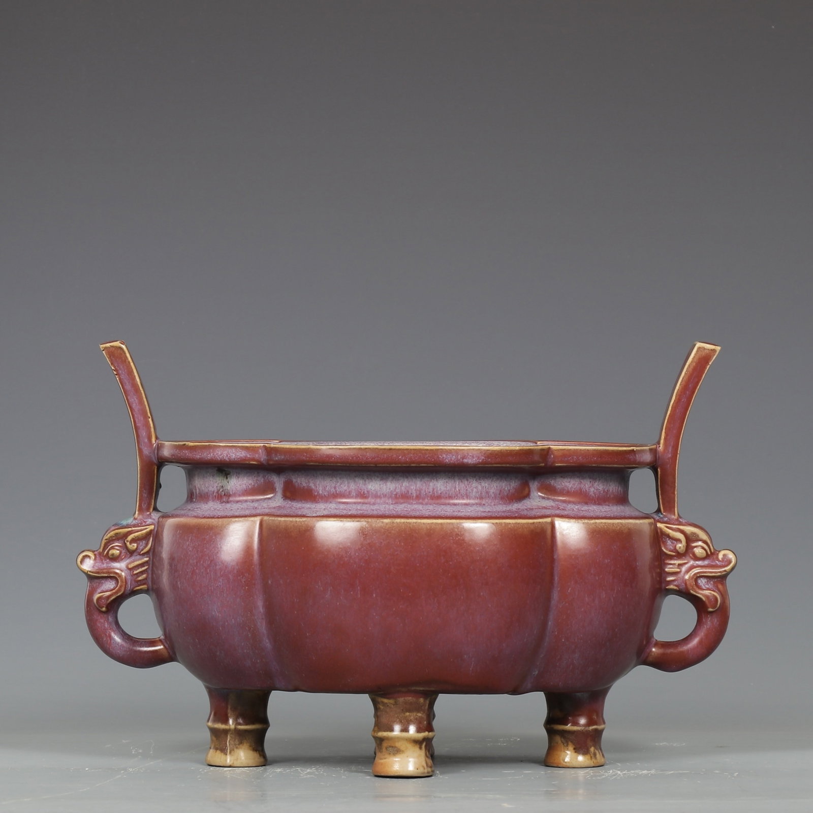 An Exquisite Jun Kiln Rose-Purple Glaze Three-Legged Censer With Beast Ears,Inscribed With Emperor: An Exquisite Jun Kiln Rose-Purple Glaze Three-Legged Censer With Beast Ears,Inscribed With Emperor Qianlong’s Poem,Song Dynasty,China,Size:7.3inx10.8in,钧窑玫瑰紫&#