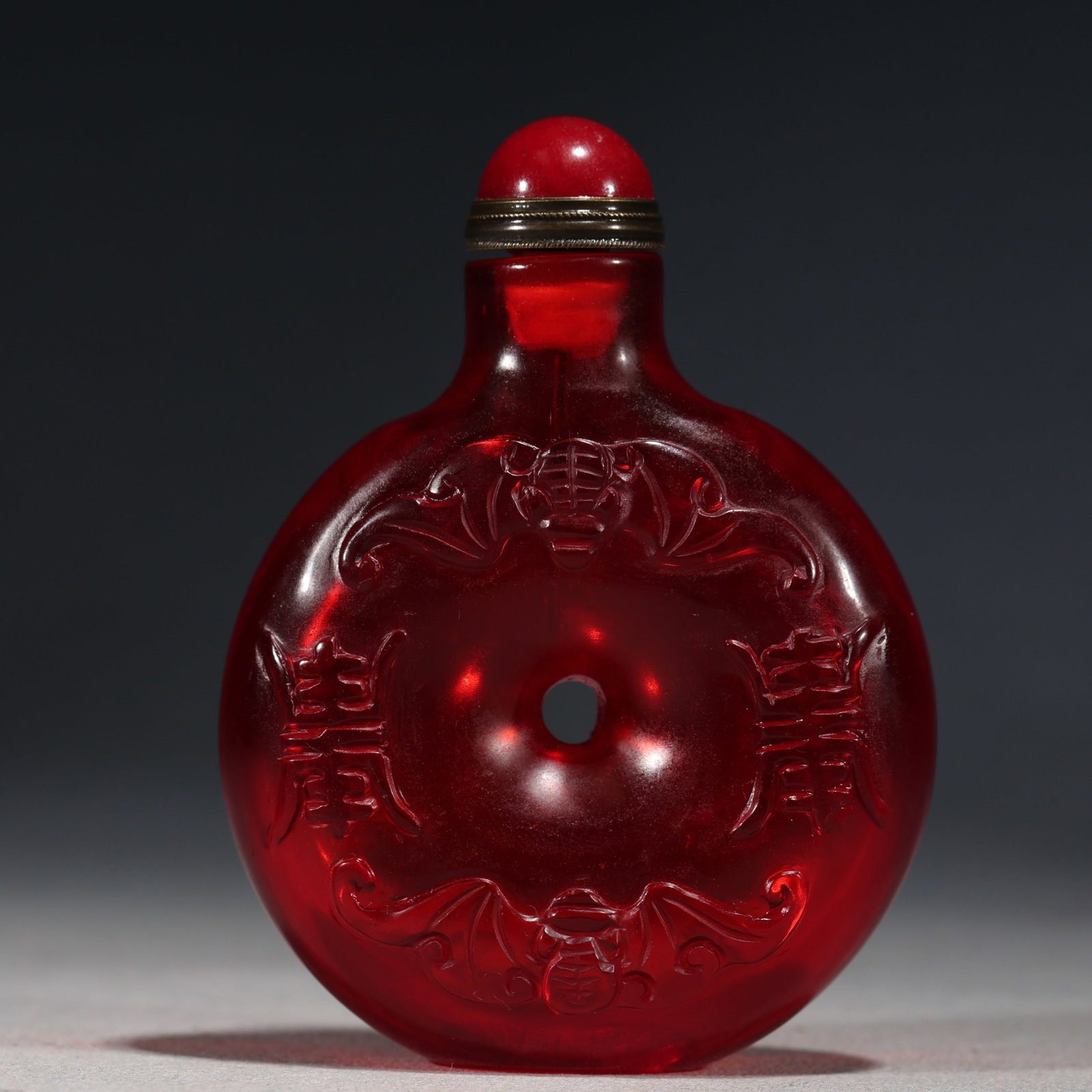 A Chinese Ruby-Red Glass Snuff Bottle with Bats and Shou,Qianlong Mark (1 of 5)