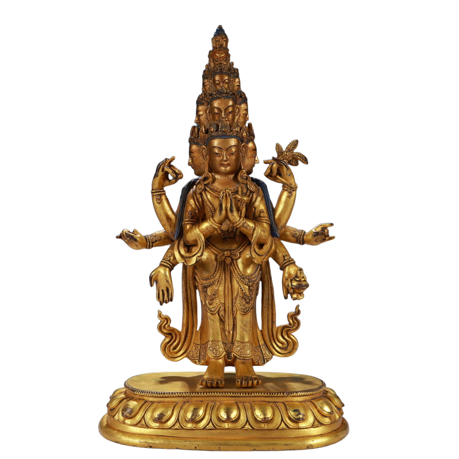 A Solemn Gilt Bronze Eleven-Headed and Six-Armed Guanyin: A Solemn Gilt Bronze Eleven-Headed and Six-Armed Guanyin,Qing Dynasty, China,Size:5.1inx2.8inx8.3in,Weight:1200g 铜鎏金十一面八臂观音像