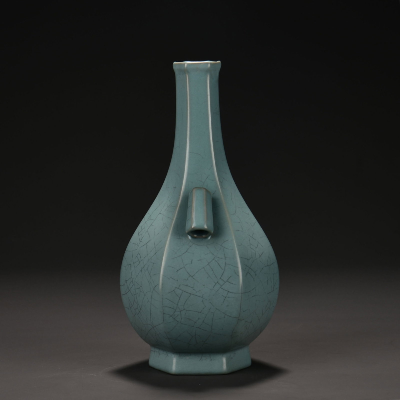An Exquisite Ru Kiln Sky-Celadon Hexagonal Pierced Ear Long Neck Vase (1 of 7)