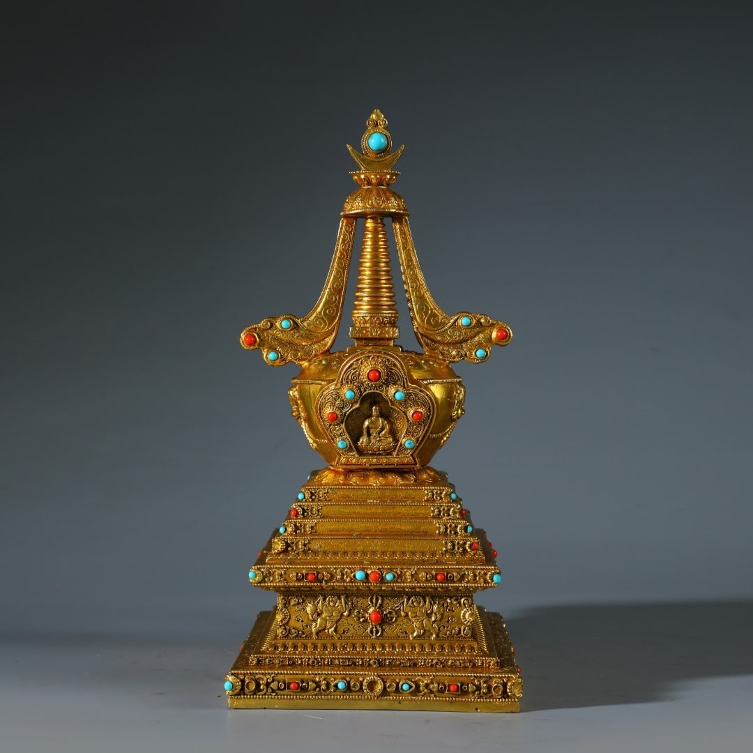 An Exquisite Gem-inlaid Gilt Bronze Tibetan Stupa: An Exquisite Gem-inlaid Gilt Bronze Tibetan Stupa,Chinese,Ming Dynasty,Size:12.6inx5.9in,Weight:2298g,铜鎏金嵌宝石藏式佛塔,中国&