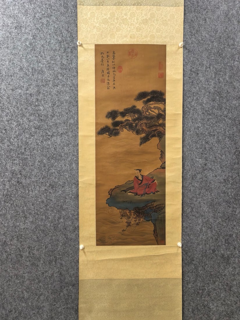 A Chinese Vertical Scroll Ink Painting of Landscape and Figure on Silk,Tang Yan: A Chinese Vertical Scroll Ink Painting of Landscape and Figure on Silk,Tang Yan,Size:12.6inx36.2in 一幅中国水墨绢本山水人物Ĭ