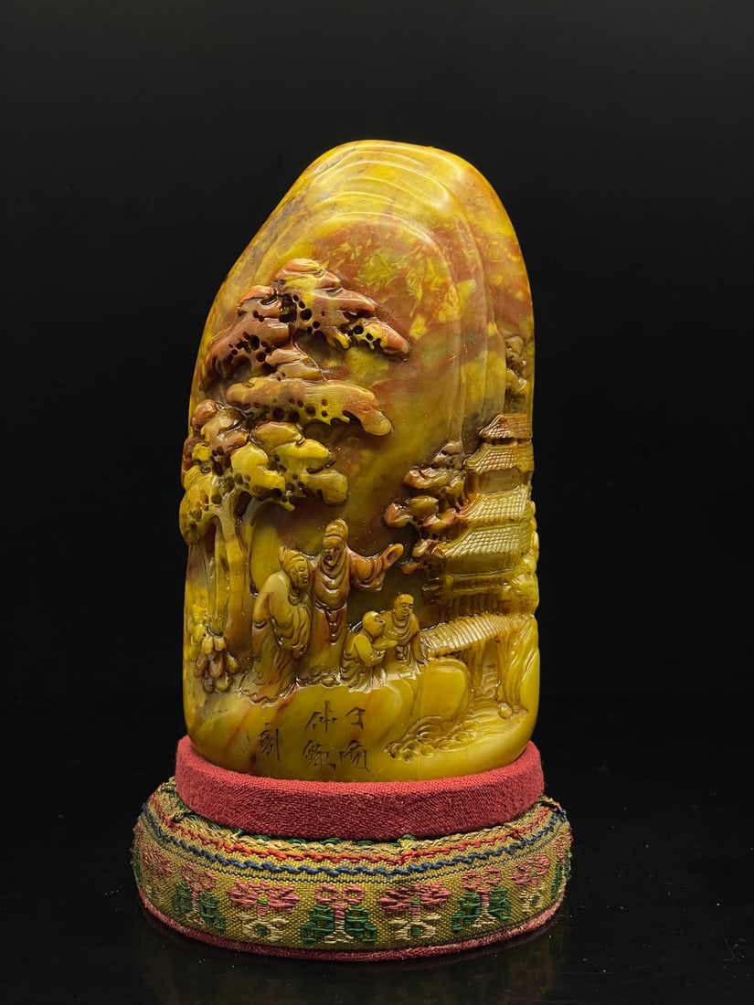 A Fine Tianhuang Stone Free?Form Seal With Landscape And Figures: A Fine Tianhuang Stone Free‑Form Seal With Landscape And Figures,Qing Dynasty Of China,With