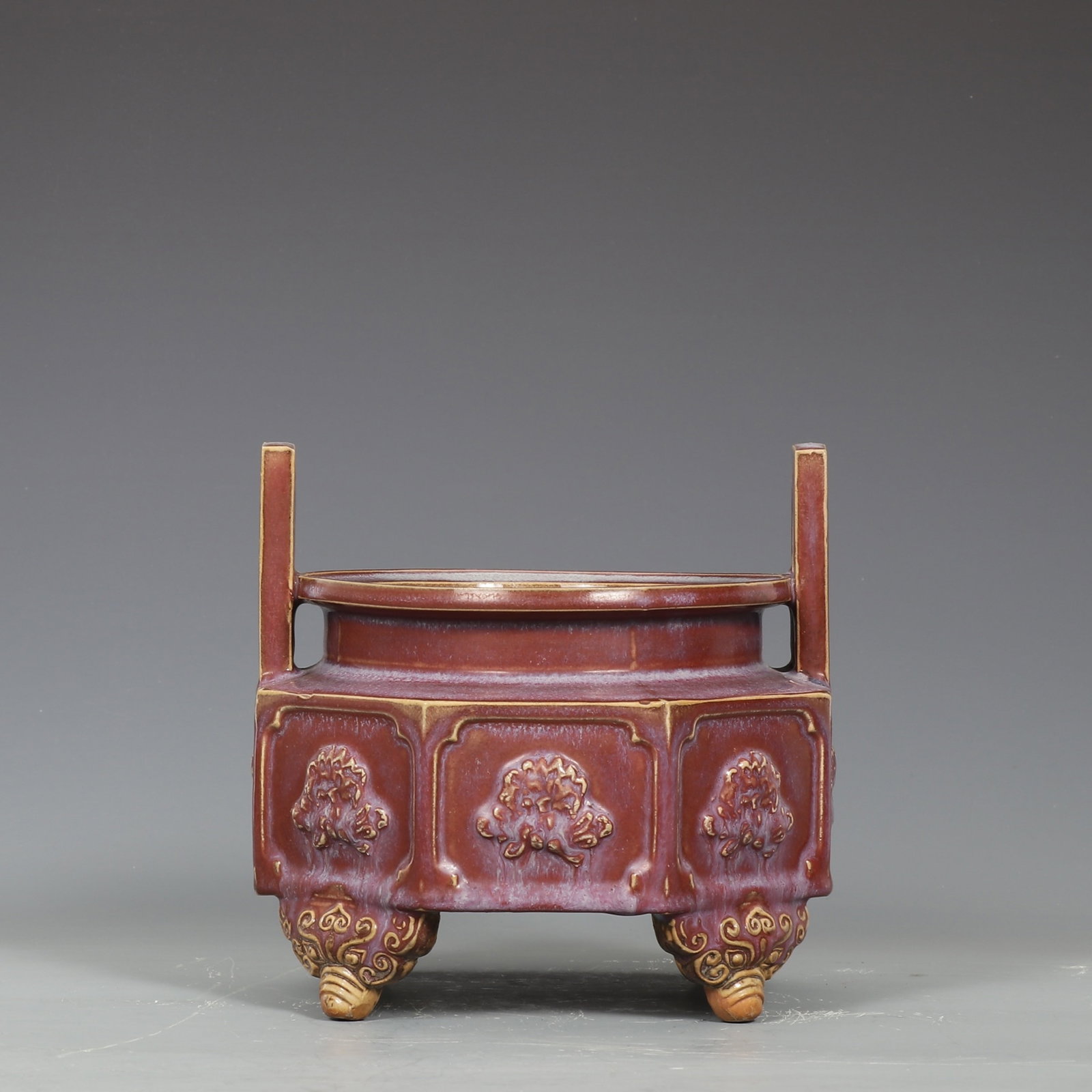 An Exquisite Jun Kiln Rose-Purple Glaze Three-Legged Censer With Double Ears,Inscribed With Emperor (1 of 9)