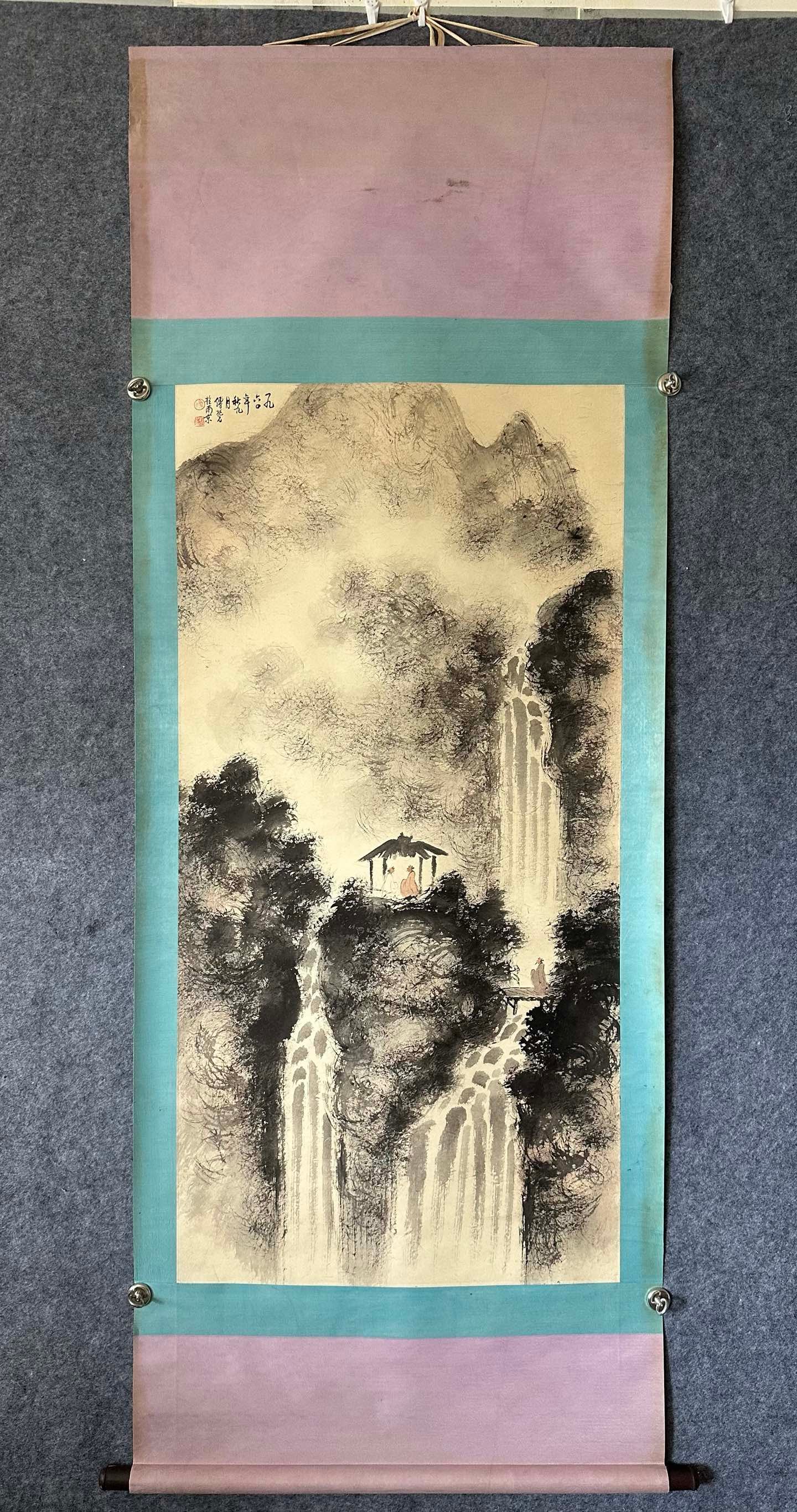 A Chinese Ink-on-Paper Hanging Scroll, Viewing Waterfall (1 of 8)