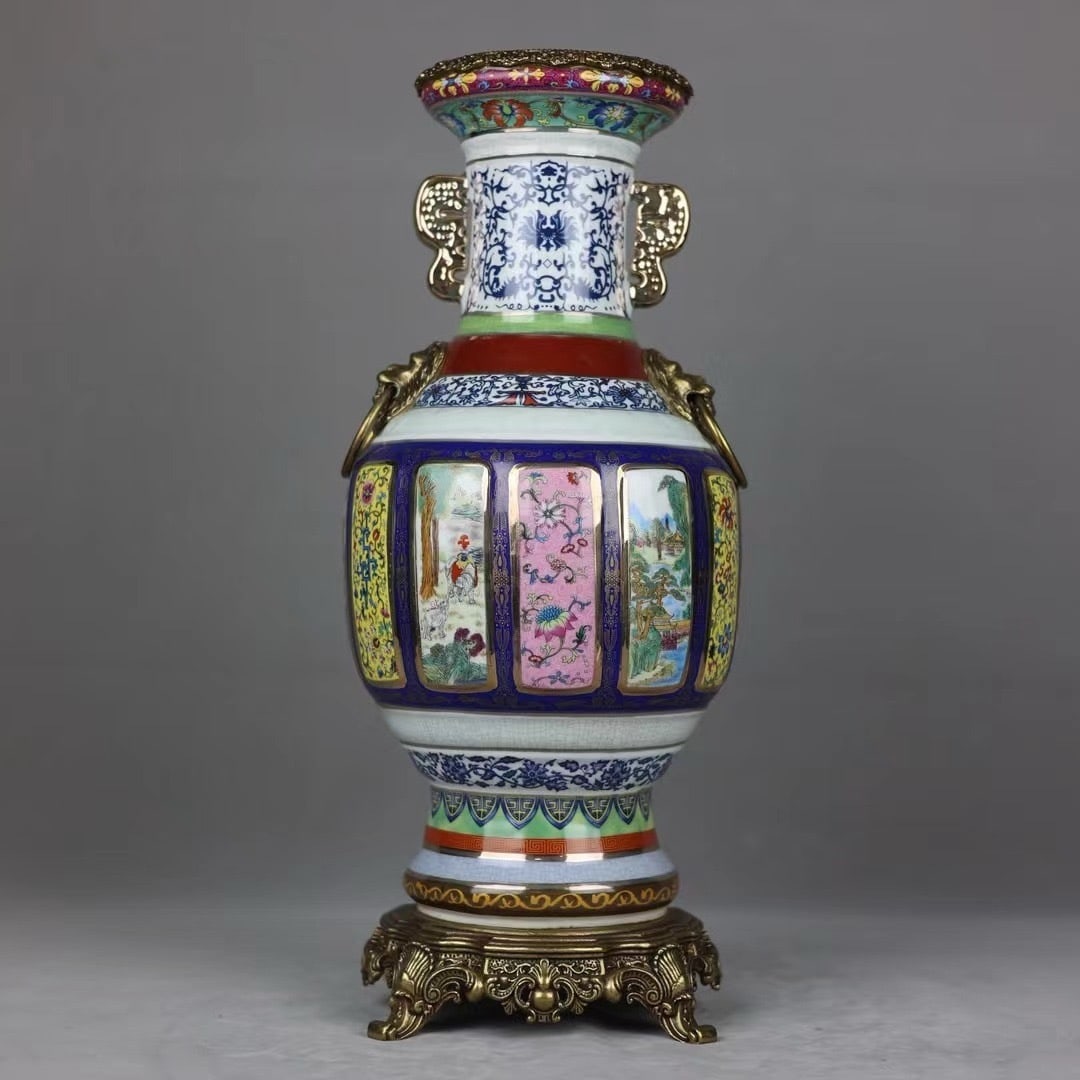 An Exquisite Enamel Decorative Vase With Double Lion Ring Ears And Copper Mounts: An Exquisite Enamel Decorative Vase With Double Lion Ring Ears And Copper Mounts,China Qing Dynasty,Six-Character Qianlong Mark,Dimensions:17.9inx7.9in,珐琅彩镶铜狮