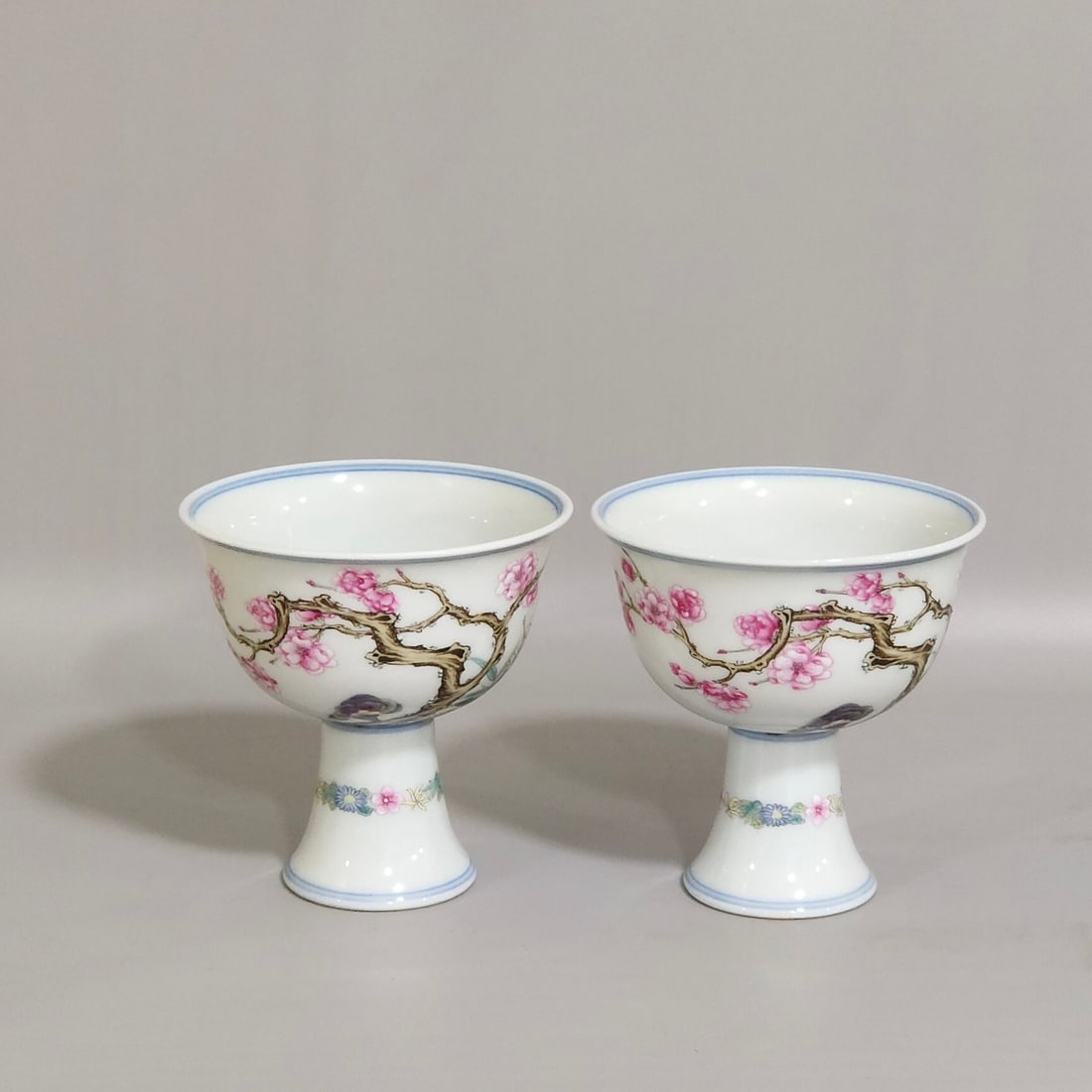 A Pair Of Exquisite Stemmed Cups Painted With Famille Rose Plum And Bamboo (Noble Integrity) Motifs: A Pair Of Exquisite Stemmed Cups Painted With Famille Rose Plum And Bamboo (Noble Integrity) Motifs,Qing Dynasty,China,Yongzheng Six-character