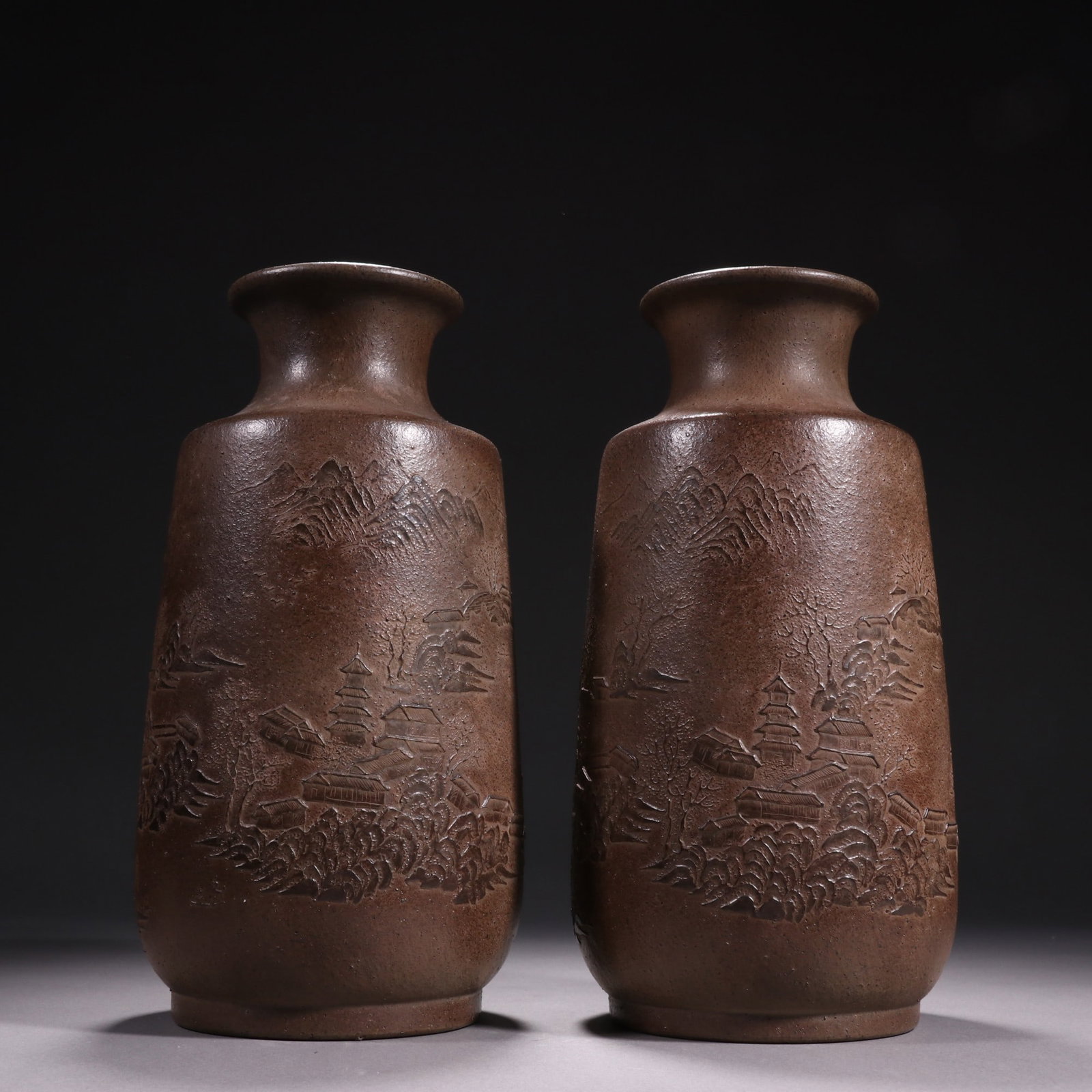 A Fine Pair of Chinese Zisha Clay Vases with Painted Landscape Decoration: A Fine Pair of Chinese Zisha Clay Vases with Painted Landscape Decoration,Qing Dynasty,China,Yang Jichu Mark,Size:9.2inx3in,一对紫砂绘山水图赏