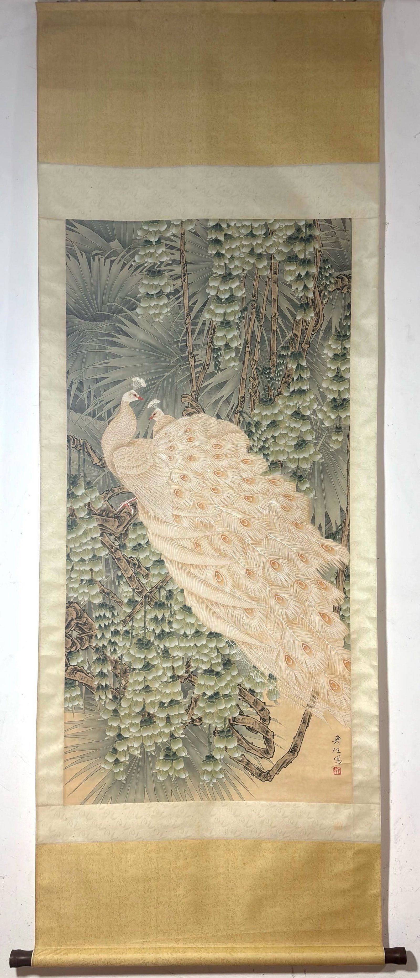 A ChineseInk?on?PaperHangingScroll,Peacocks: A ChineseInk‑on‑PaperHangingScroll,Peacocks,ZhouYansheng,Without frame Size:51.6inx25.4in,一副中国水墨孔雀图纸本立&#