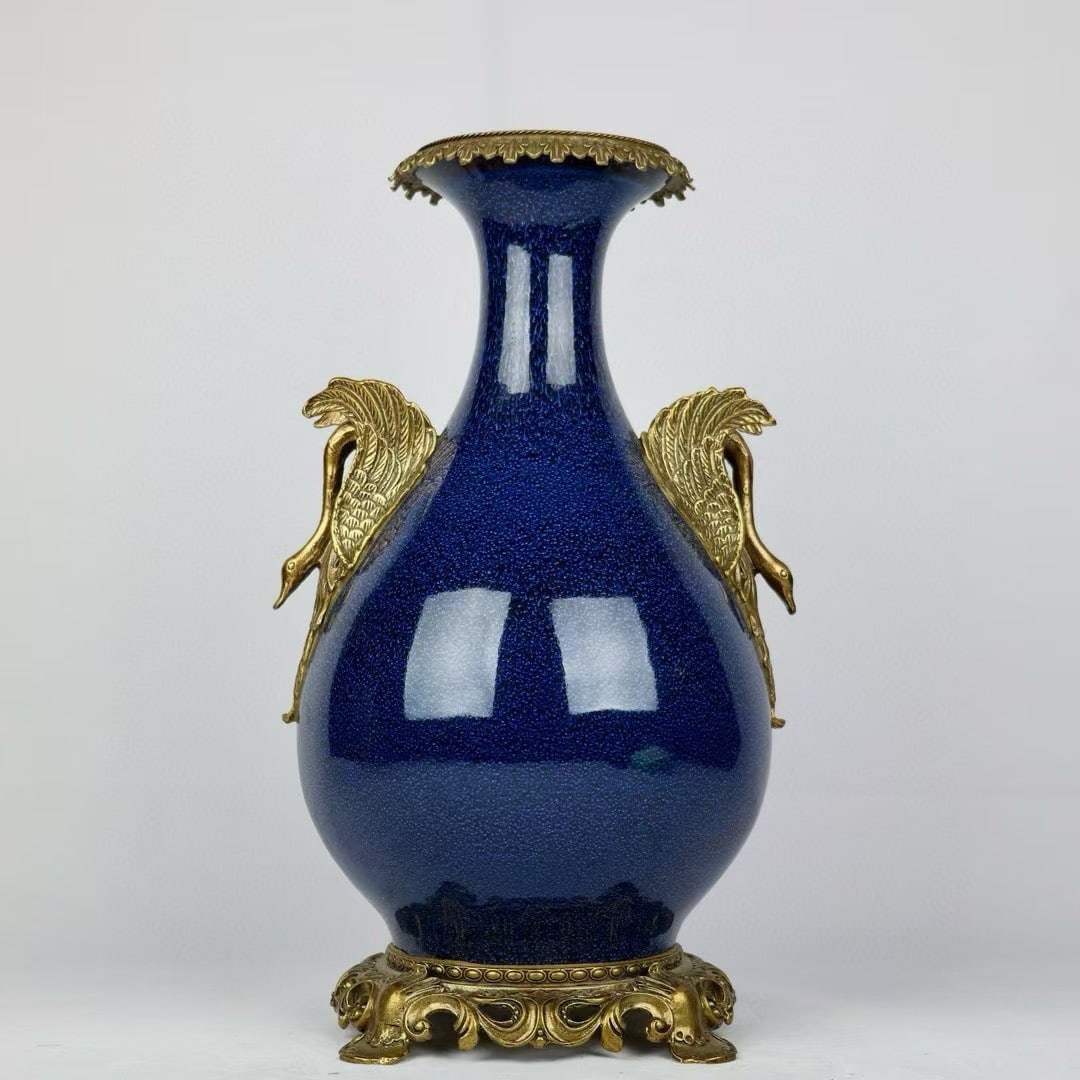 An Exquisite Snowflake Blue Glaze Yuhuchun Vase With Double Copper Swan Ears: An Exquisite Snowflake Blue Glaze Yuhuchun Vase With Double Copper Swan Ears,China Qing Dynasty,Six-Character Yongzheng Mark,Dimensions:16.1inx9.4in,雪花蓝釉镶铜