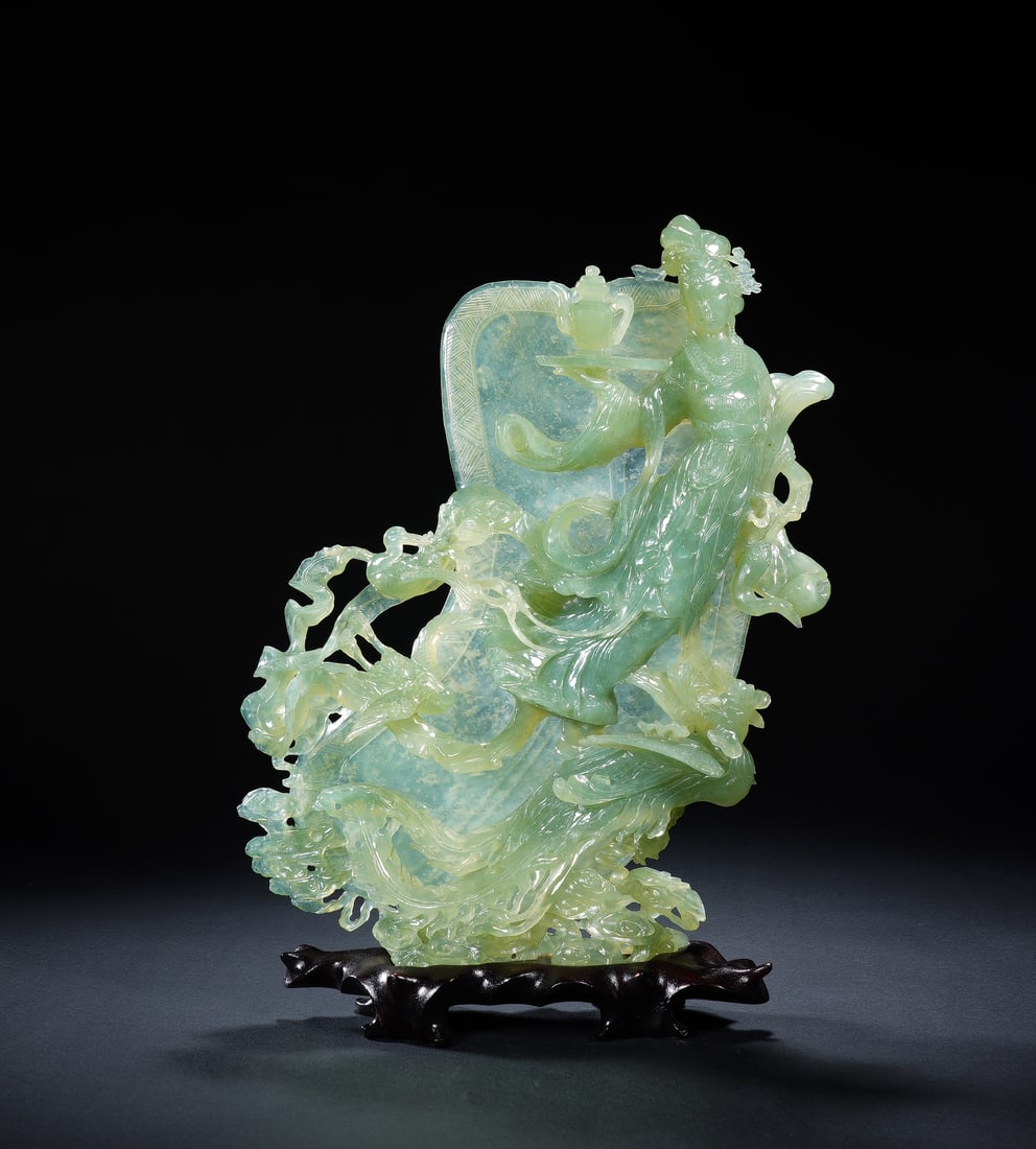 An Exquisite Openwork Jadeite Ornament Depicting Magu Presenting Longevity Blessings: An Exquisite Openwork Jadeite Ornament Depicting Magu Presenting Longevity Blessings,Qing Dynasty,China. Dimensions:8.7inx2.4inx11.8in,翡翠透雕麻姑献寿&