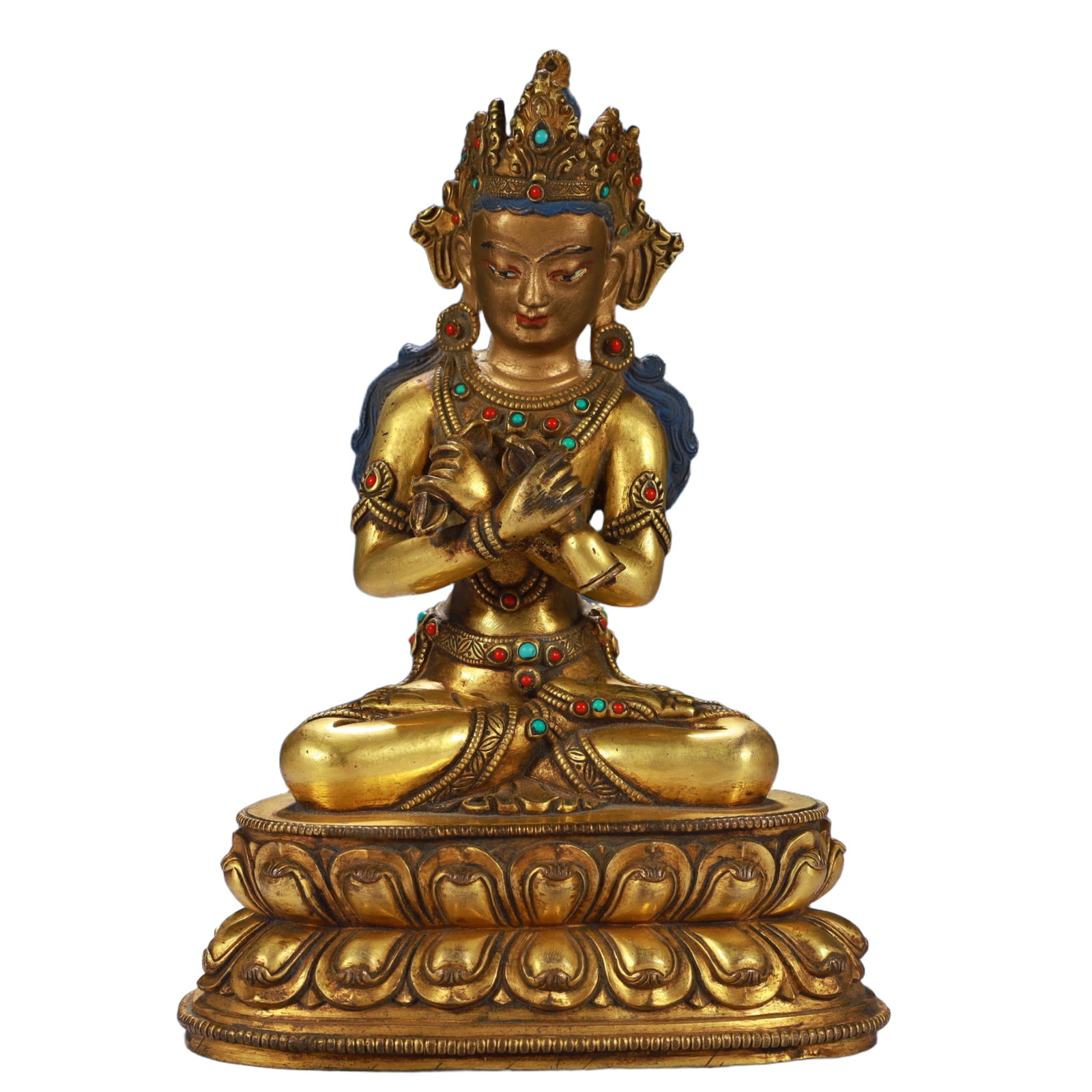 A Solemn Gilt Bronze Statue of Amitayus,Inlaid Gems and Turquoise: A Solemn Gilt Bronze Statue of Amitayus,Inlaid Gems and Turquoise,Qing Dynasty, China,Size:4.7inx3.3inx7.1in,Weight:1200g
