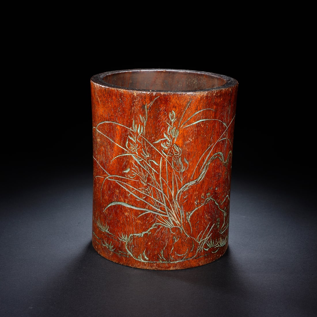 An Exquisite Huanghuali Wood Brush Pot With Orchid And Stone Pattern: An Exquisite Huanghuali Wood Brush Pot With Orchid And Stone Pattern,Qing Dynasty,China,With Mark,Dimensions:5.1inx6.1in,黄花梨木兰石纹笔筒,ߑ