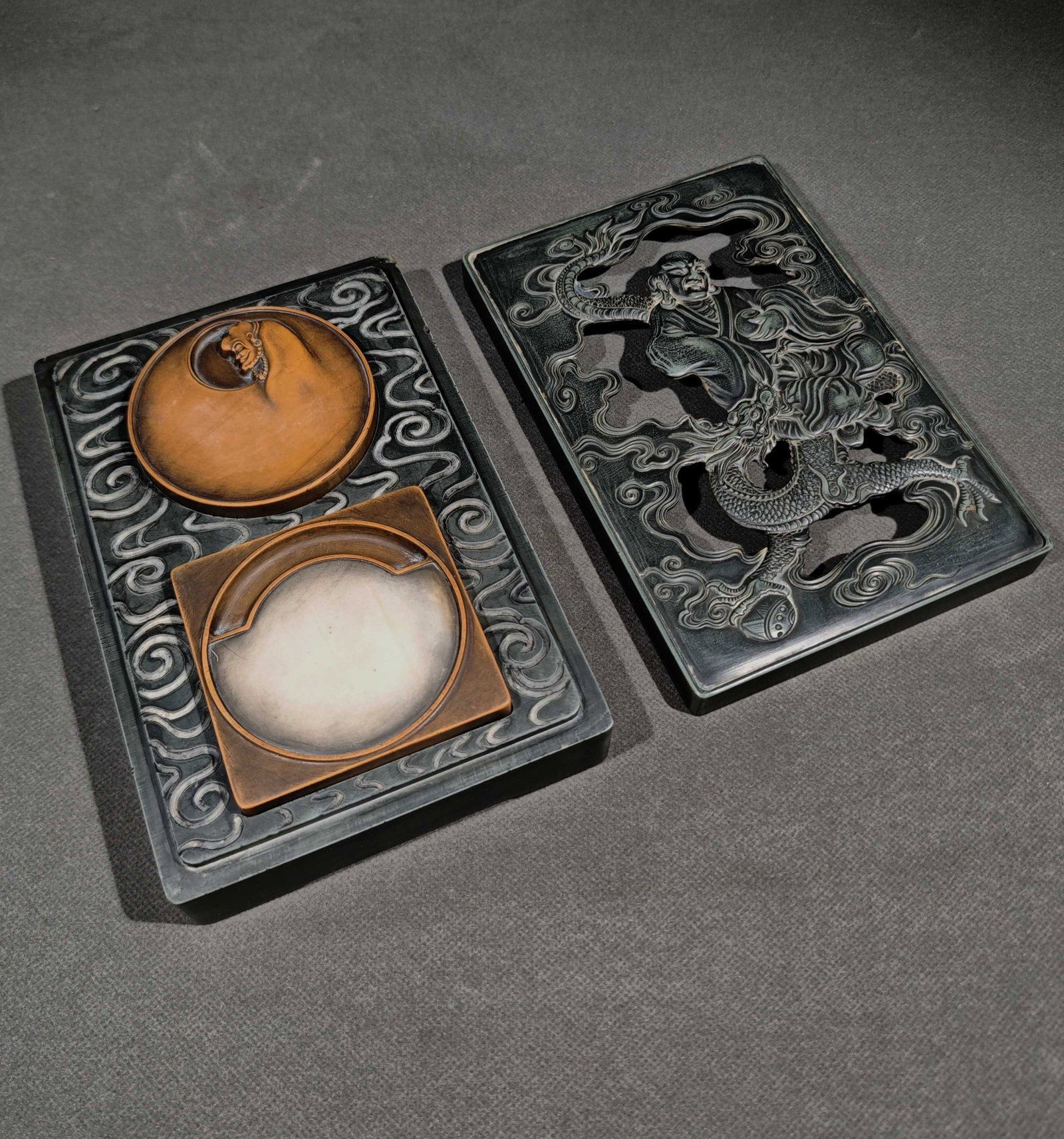 A Fine Openwork Songhua Stone Suite Inkstone With Subduing?Dragon Arhat Motif (1 of 9)