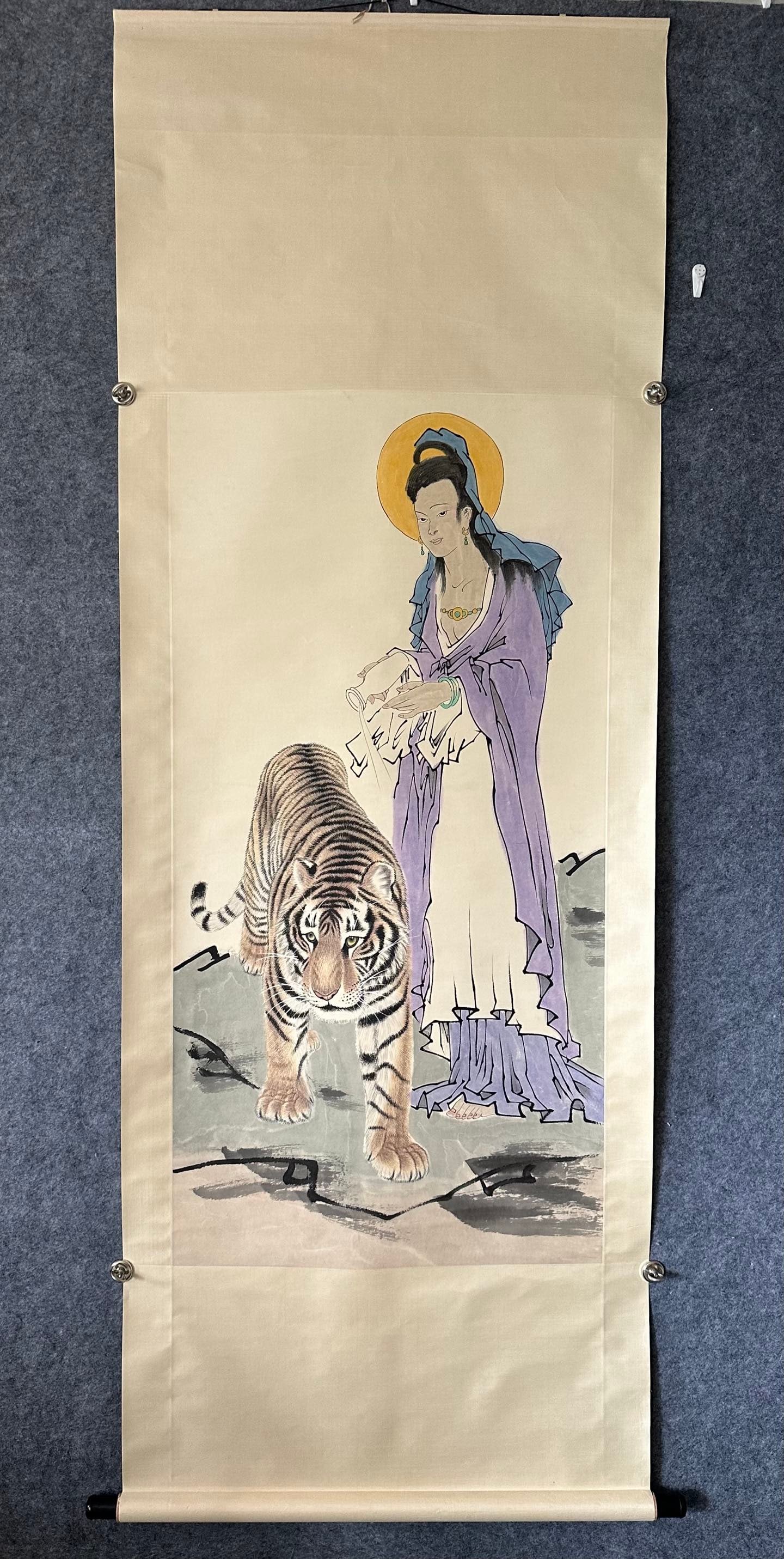 A Chinese Ink-on-Paper Hanging Scroll, Guanyin Bodhisattva: A Chinese Ink-on-Paper Hanging Scroll, Guanyin Bodhisattva,Fan Zeng, Meng Xiangshun,Size:26.8inx53.1in,一副中国水墨观世音造像纸&