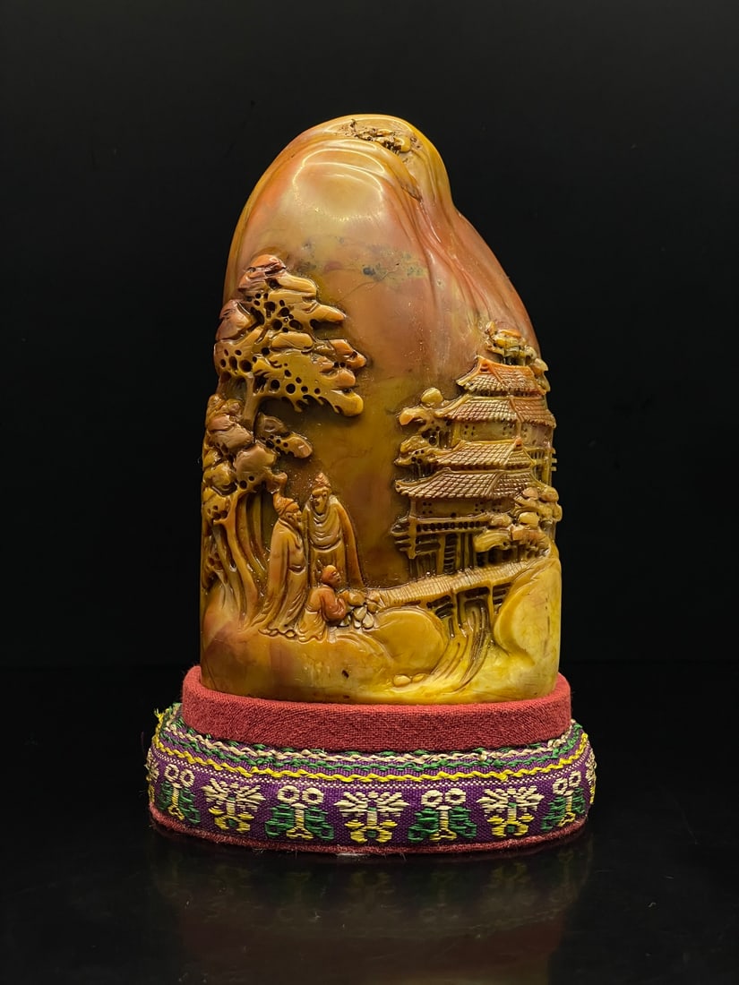 A Fine Tianhuang Stone Free?Form Seal With Skillful Carved Landscape And Figures: A Fine Tianhuang Stone Free‑Form Seal With Skillful Carved Landscape And Figures,Qing Dynasty Of China,With Inscription,Dimensions:2.8inx1.2inx4.7in,Weight:452g,田黄石巧&