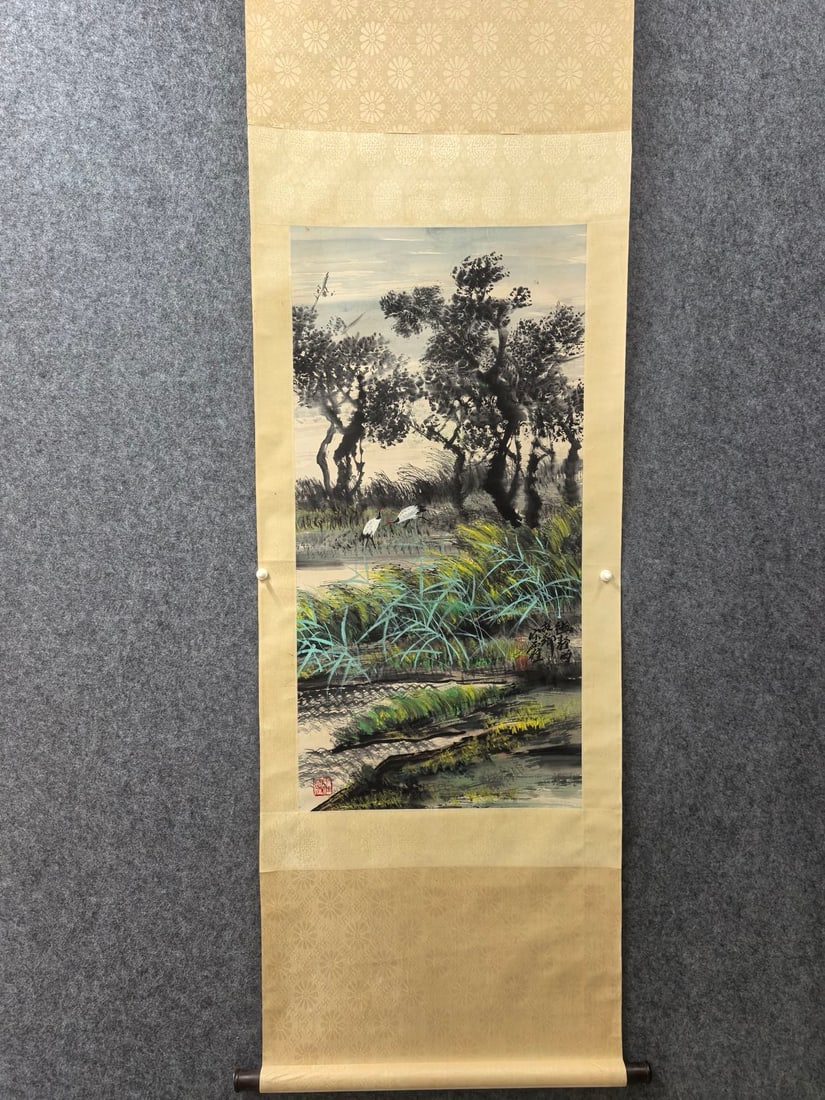 A Chinese Vertical Scroll Ink Painting of Landscape on Paper,Song Yugui: A Chinese Vertical Scroll Ink Painting of Landscape on Paper,Song Yugui,Size:18.9inx38.6in 一幅中国水墨山水画立轴,宋雨