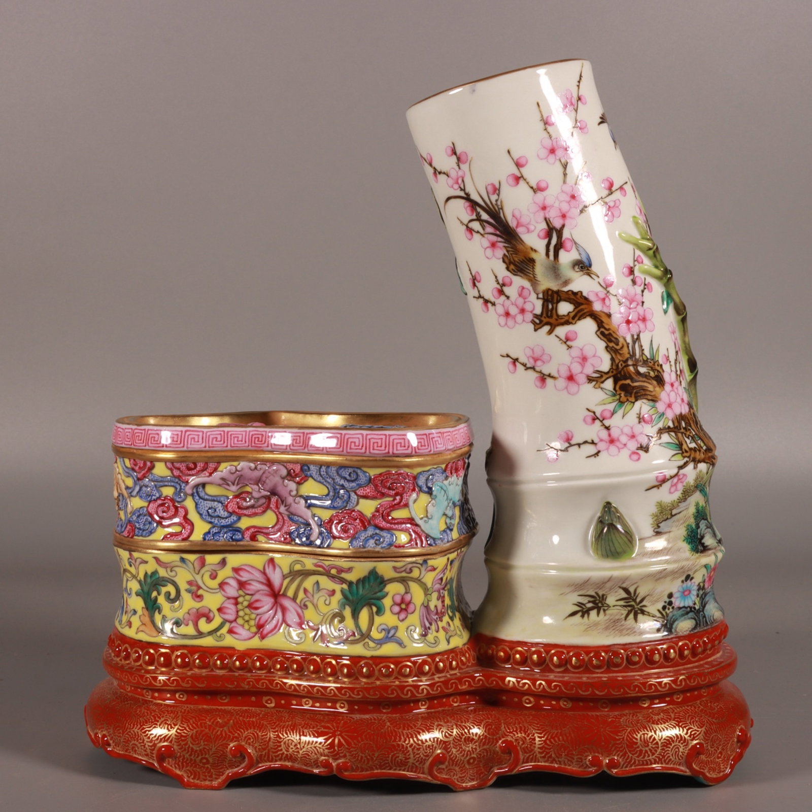 A Fine Enamel Color Yellow Ground Carved Brush Pot,Magpie on Plum Blossom (Symbol of Joy Arriving): A Fine Enamel Color Yellow Ground Carved Brush Pot,Magpie on Plum Blossom (Symbol of Joy Arriving),Qing Dynasty,China,Qianlong Six-character Mark,Size:7.9inx7.9in,珐琅彩黄ß